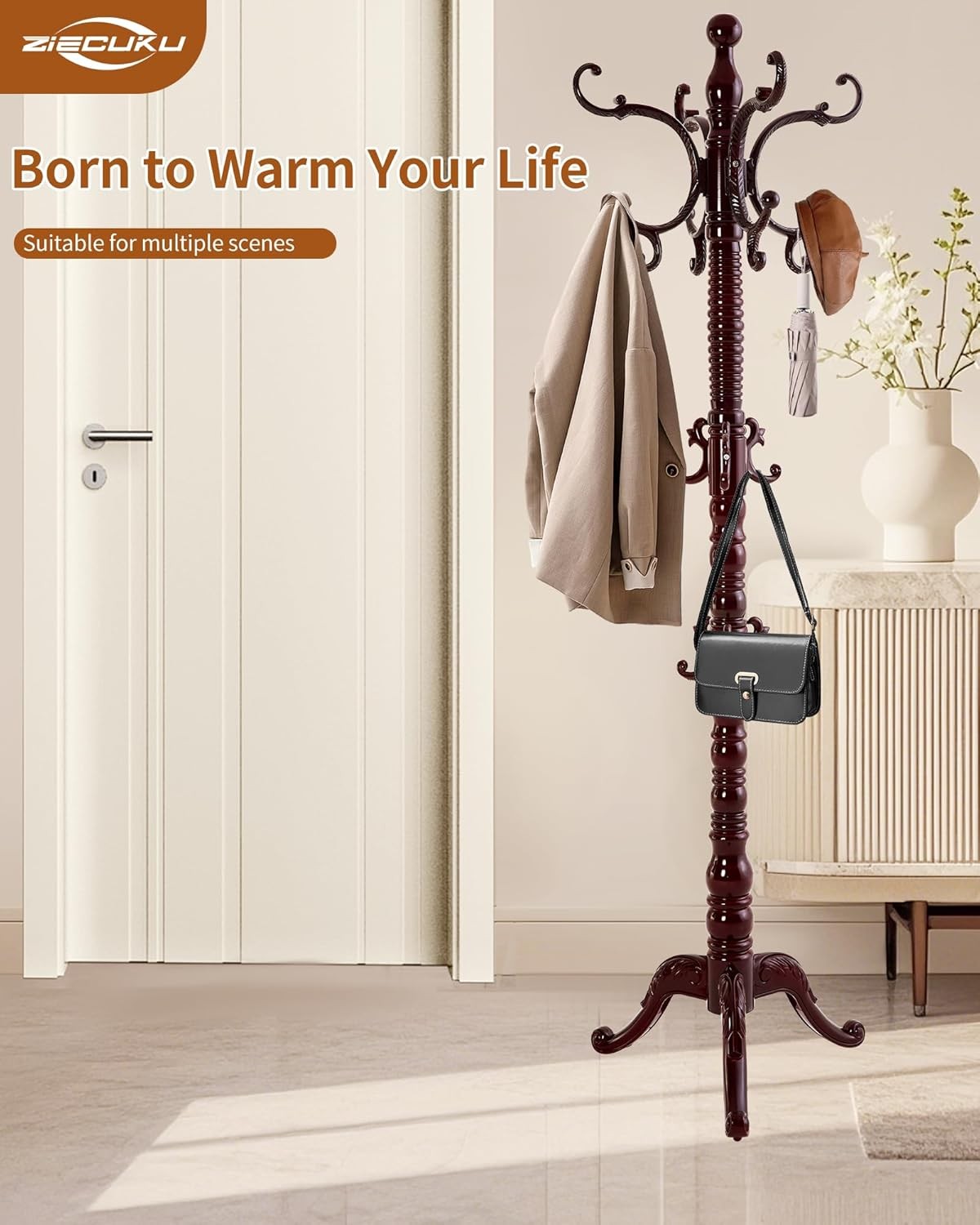 Wooden Coat Rack Freestanding Solid Wood Coat Rack Stand W/ 14 Hooks Vintage