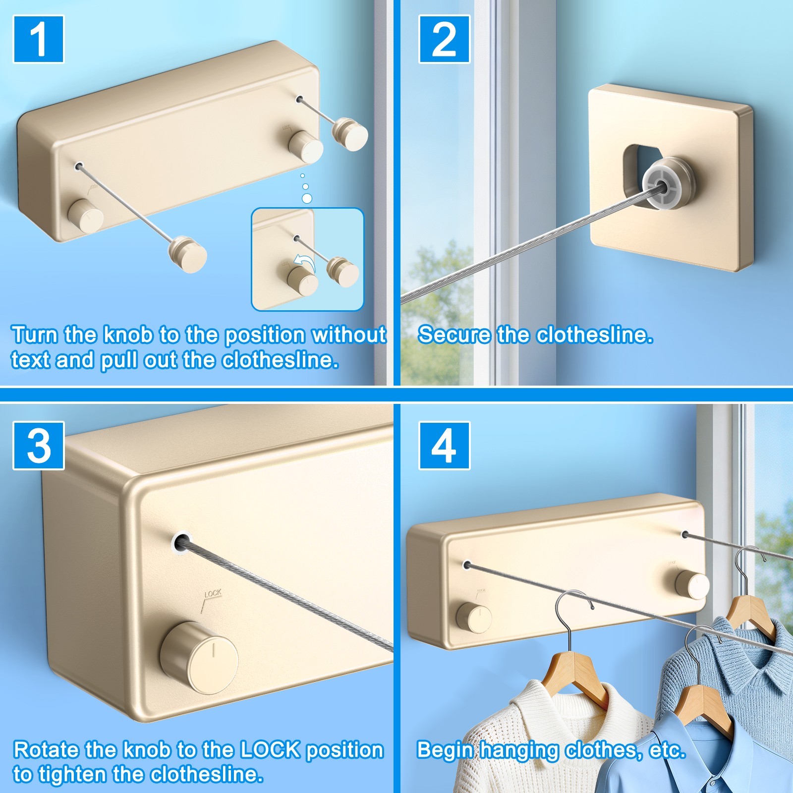 Retractable Clothesline 304 Stainless Steel 33lb Load Indoor/Outdoor Wall Mount