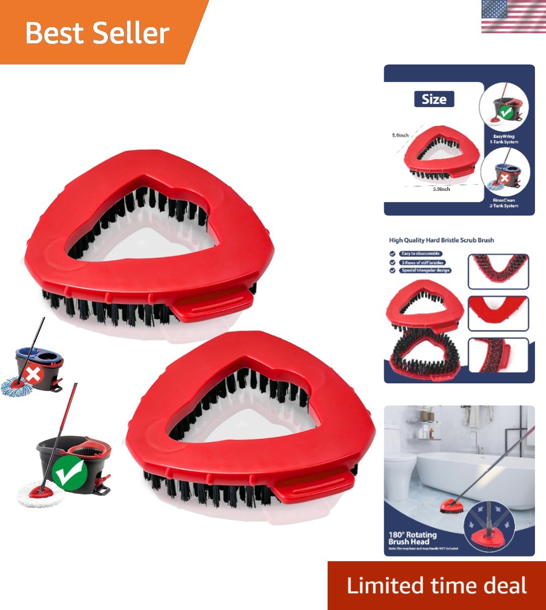 Stubborn Dirt-Busting Scrub Brush Heads for EasyWring 1-Tank Systems – 2 Pack