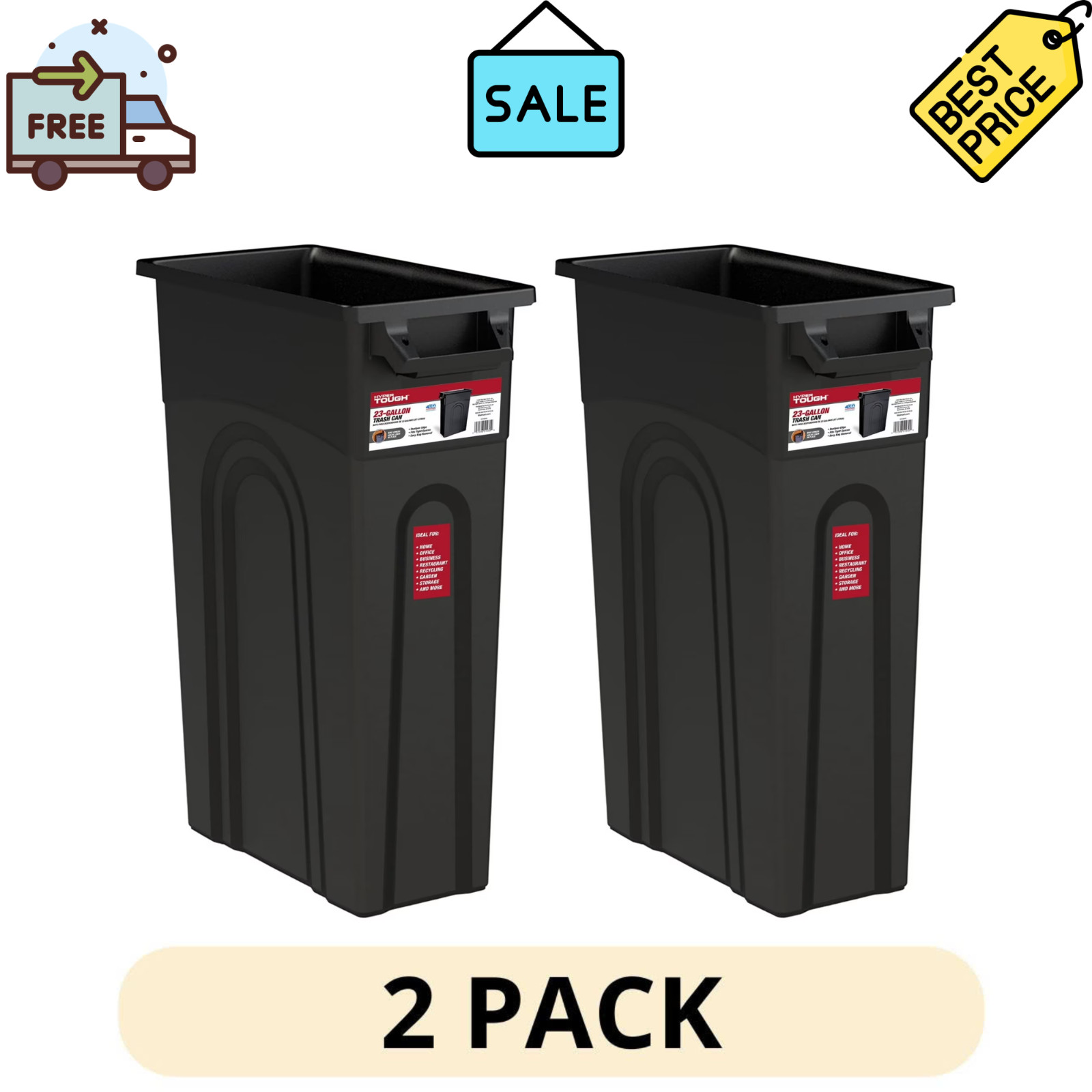 2Pack Hyper Tough 23 Gallon Heavy Duty Highboy Garbage Container Black Trash Can