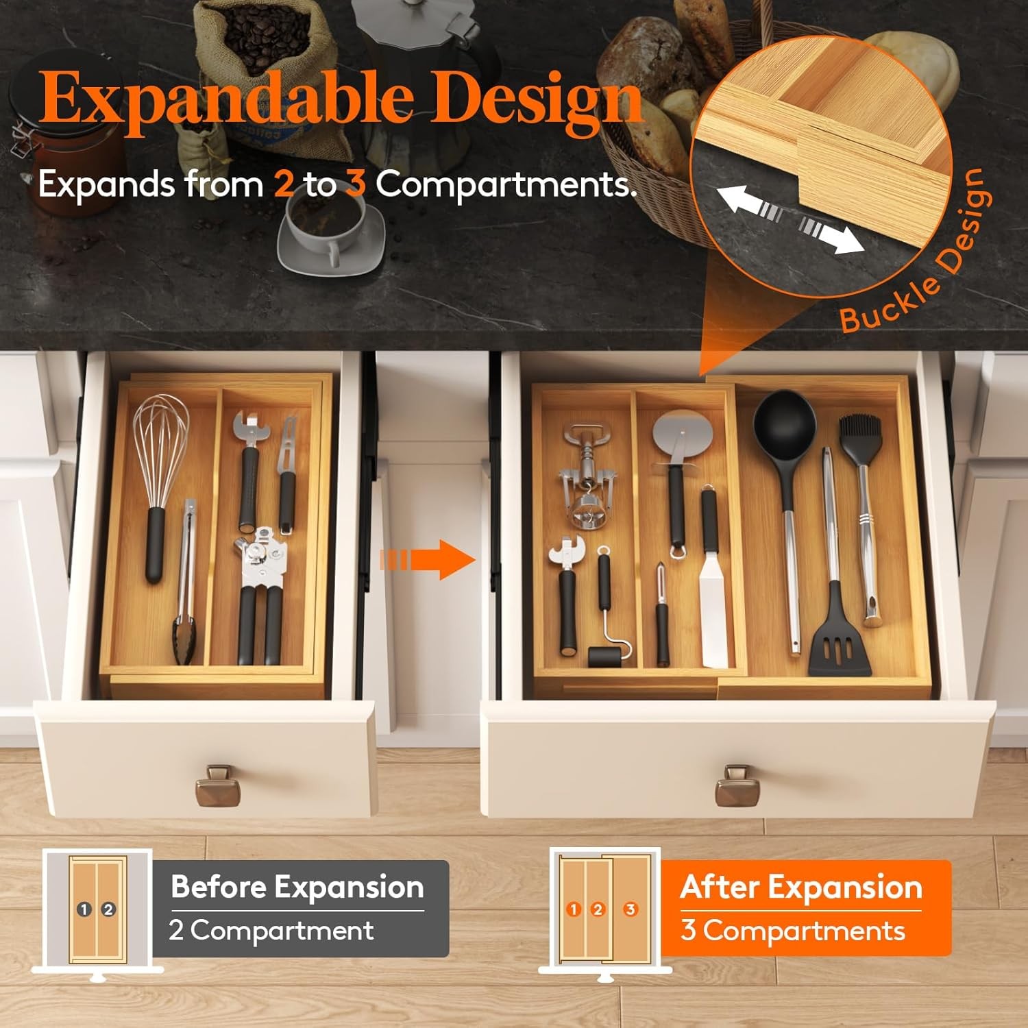 Utensil Organizer for Kitchen Drawer, Expandable Cooking Utensil Tray, Cutlery