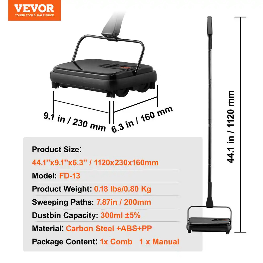 Carpet Sweeper 7.9 In. Sweeping Paths Manual Floor Sweeper with Comb Rugs Black