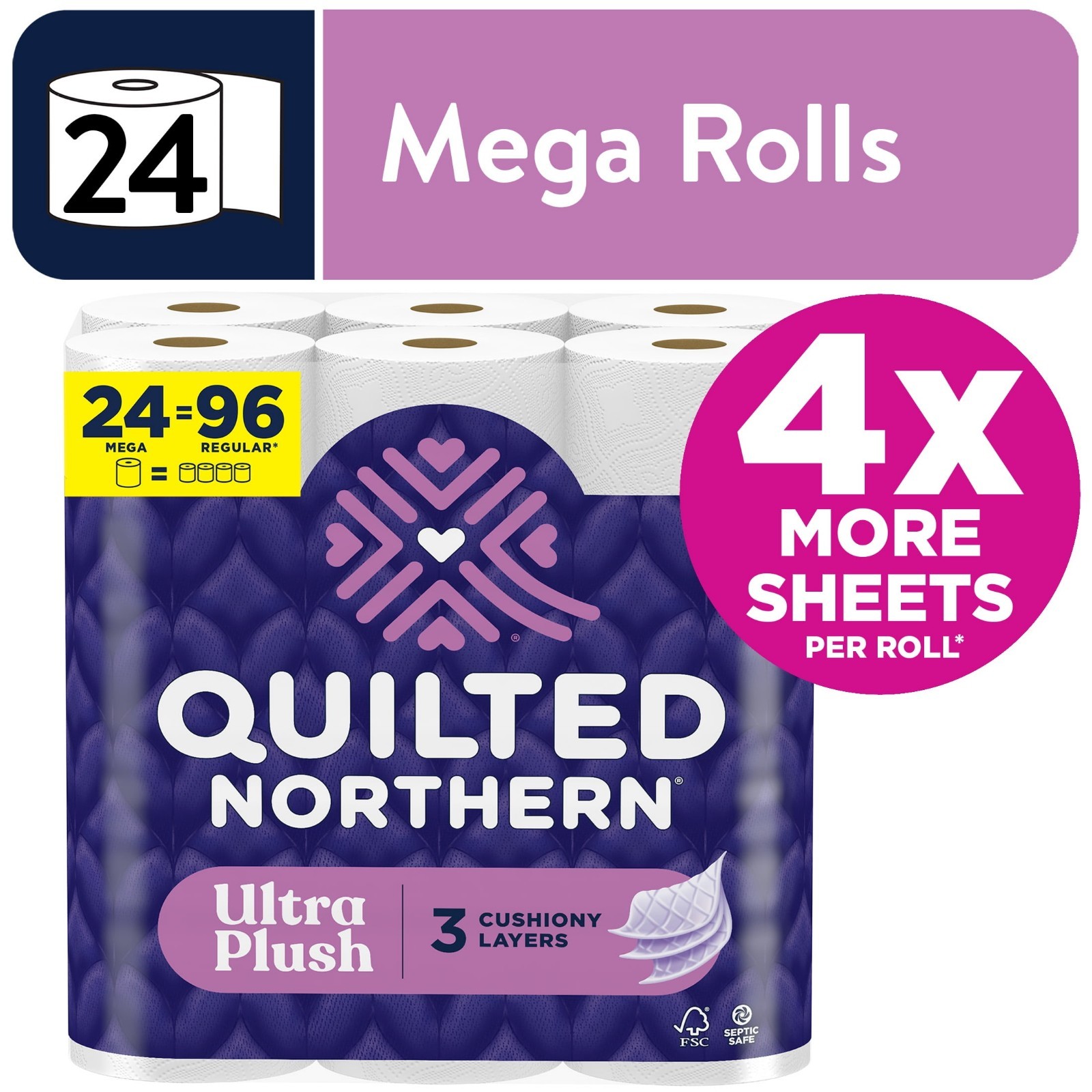 Quilted Northern Ultra Plush 3-Ply Toilet Paper, 24 Mega Rolls, 255 Sheets Per R