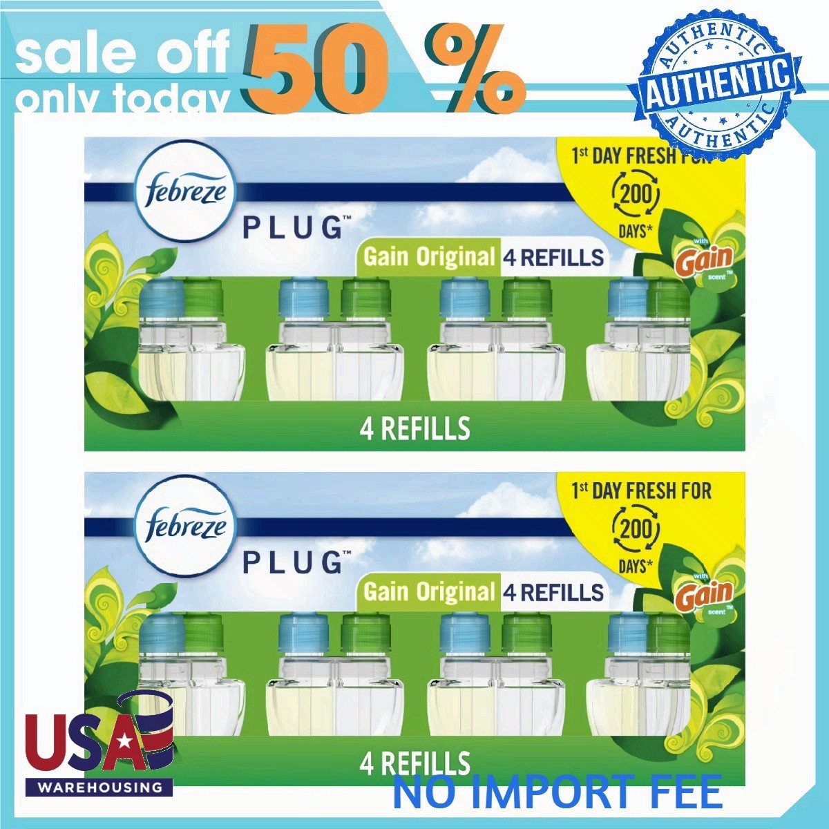 (2pack) Febreze Plug In Air Freshener Scented Oil Refill Gain, 4 Count