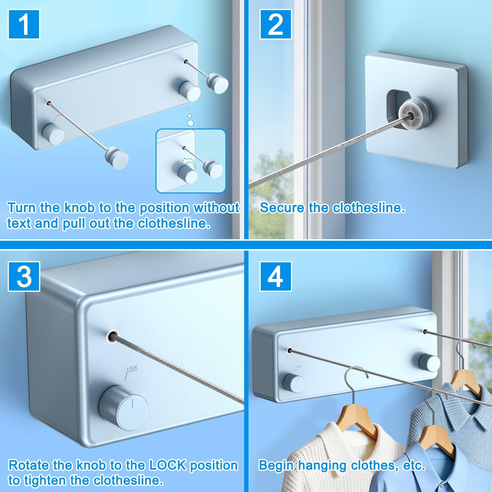 Retractable Clothesline 304 Stainless Steel 33lb Load Indoor/Outdoor Wall Mount
