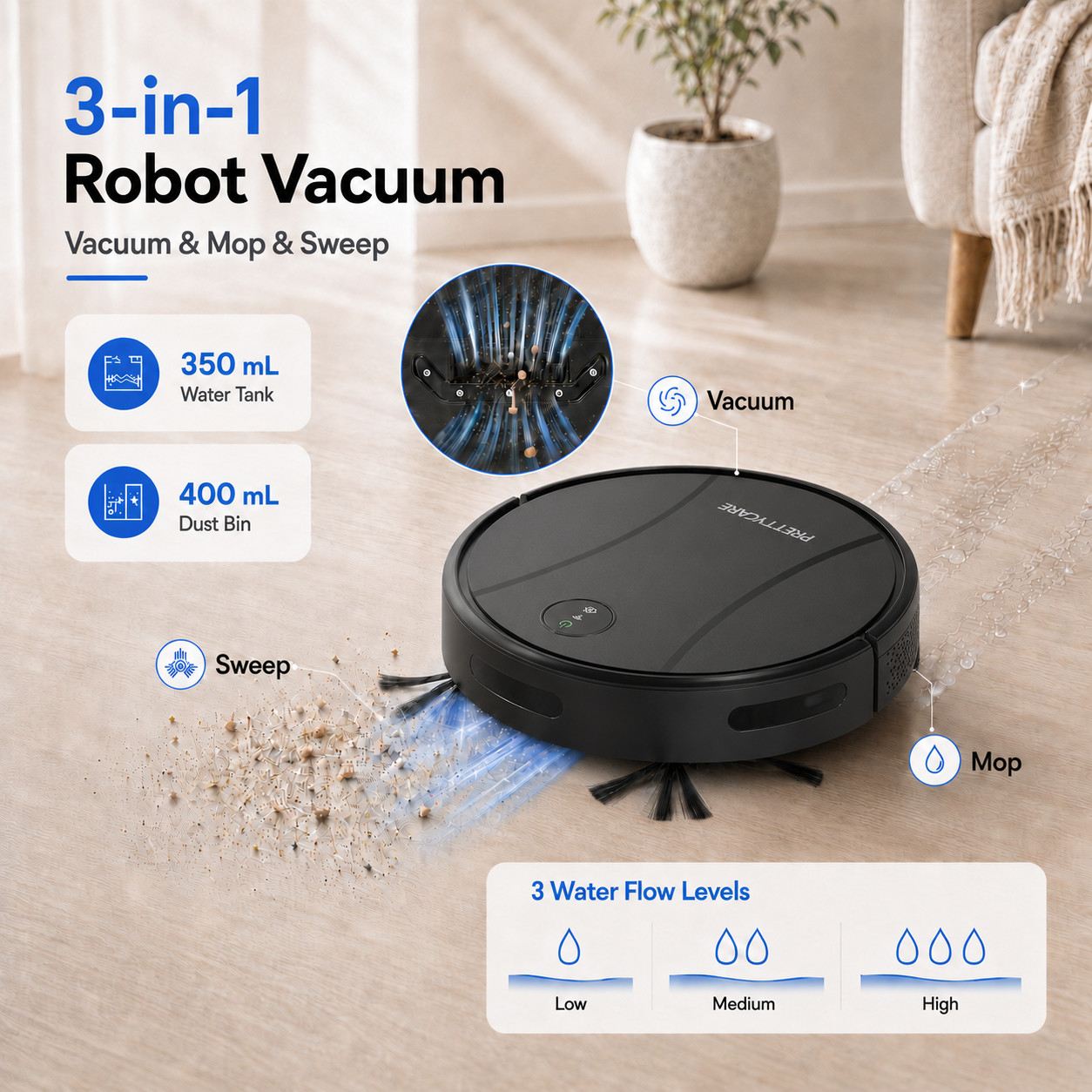 PrettyCare C2-v2 Robot Vacuum Mop Combo 8000Pa Suction 5200mAh, Black