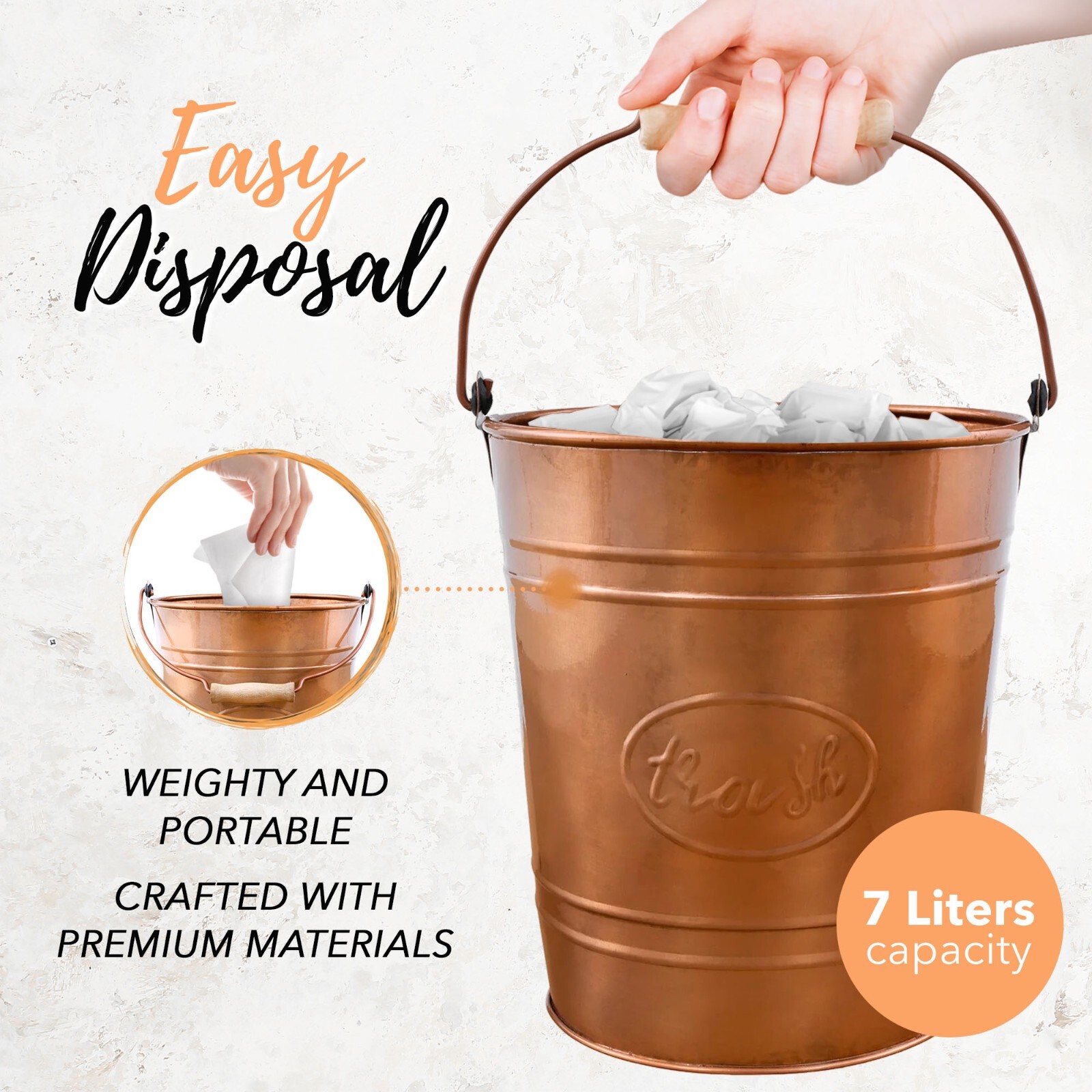 Autumn Alley Copper Tone Metal Farmhouse Trash Can | 7L, 2 Gallon Trash Can