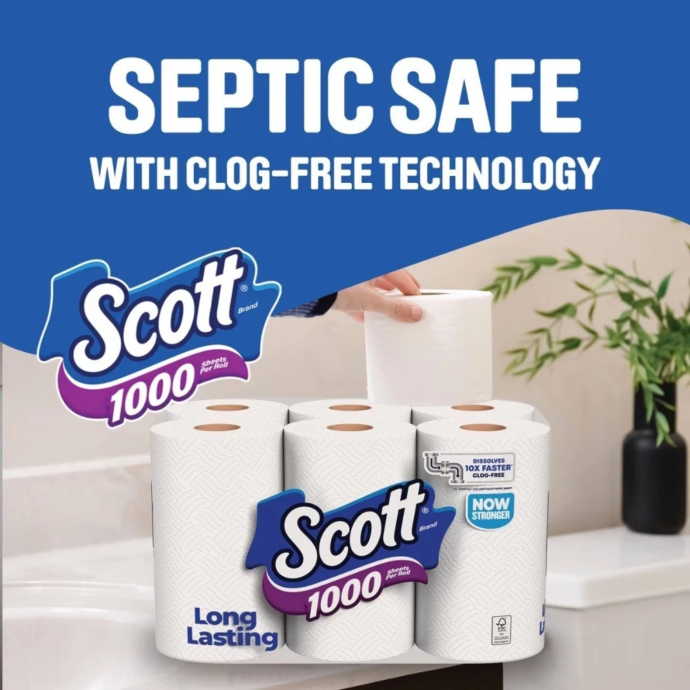 1000 Septic-Safe 1-Ply Toilet Paper – 4 Rolls: 1000 Sheets Per Roll