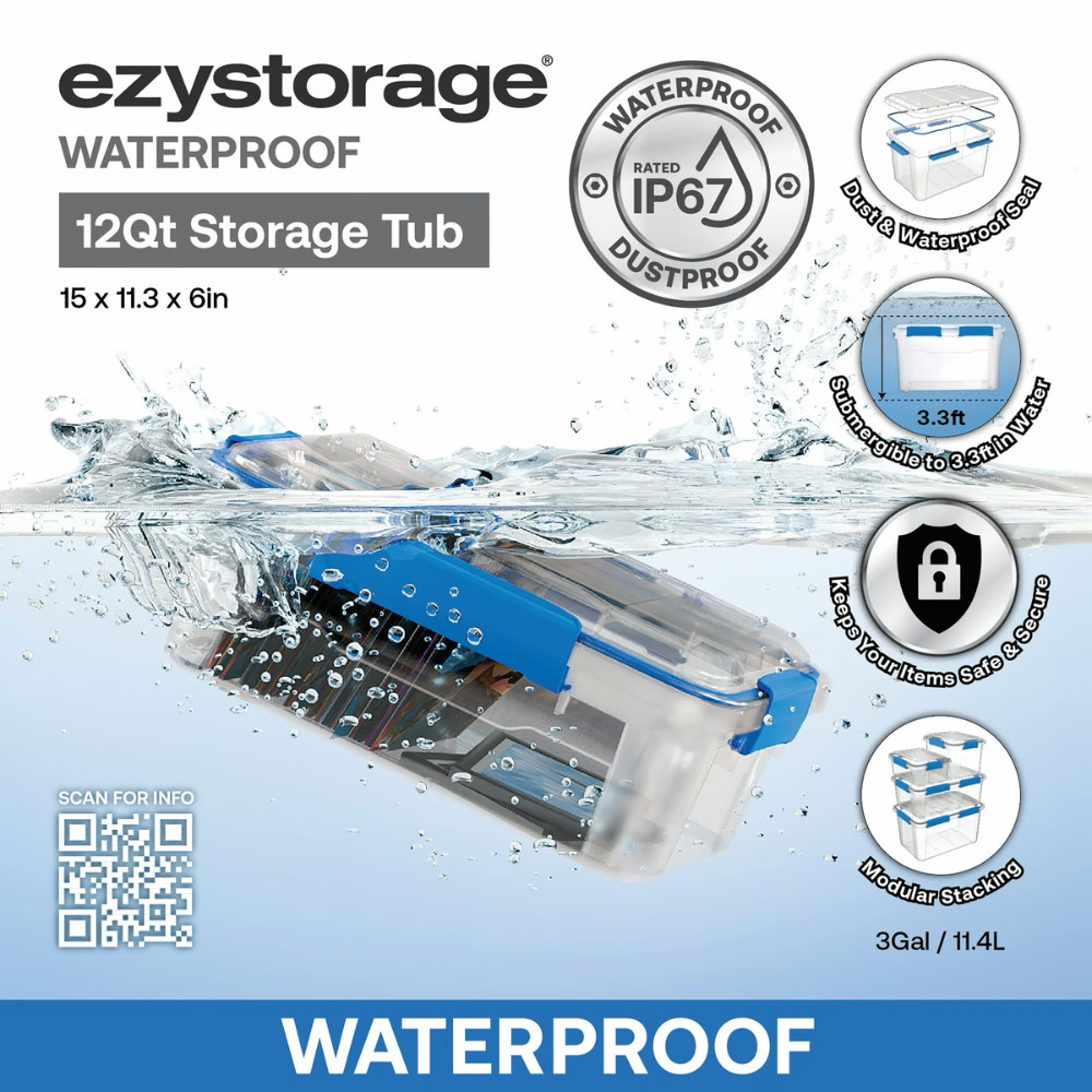 6 Pack Ezy Storage Waterproof Box, 3Gal 12Qt 11.4L, IP67 Sealed Tote Organizers