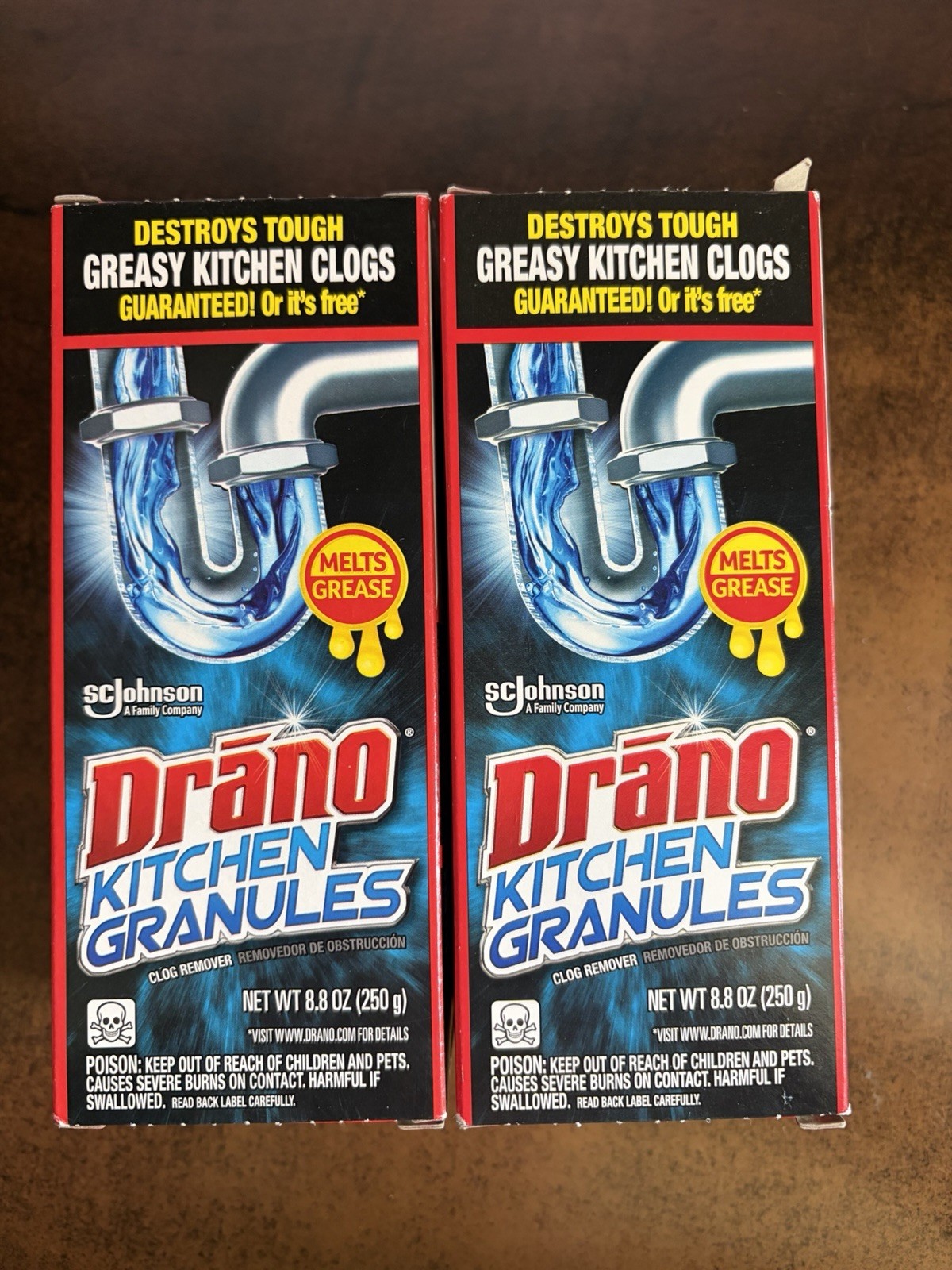 TWO (2) Drano Kitchen Granules Clog Remover, 8.8 oz Destroys Greasy Kitch Clog