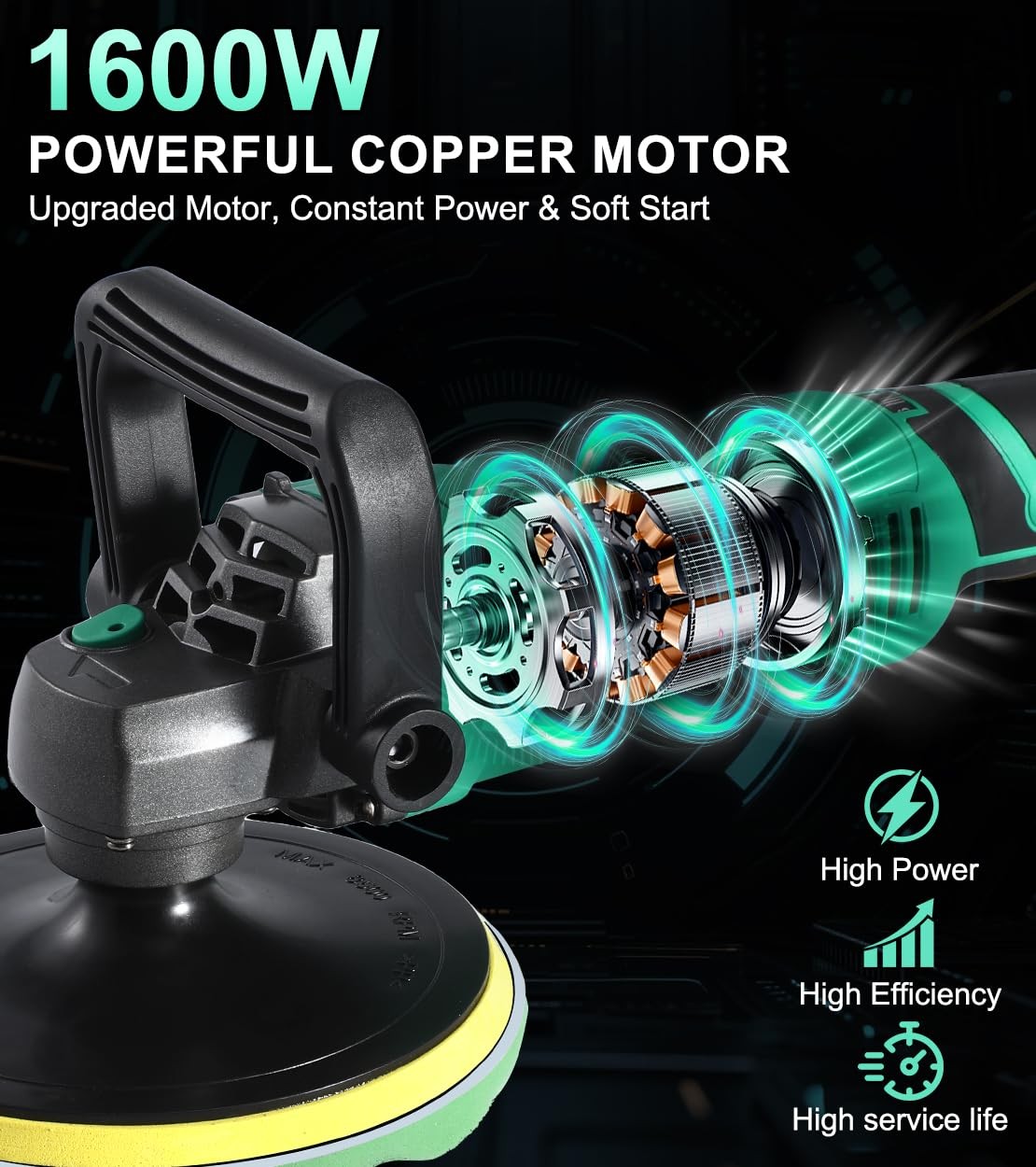 1600W 7 Inch Car Buffer Polisher Kit with 7 Speeds, UltraLong Cord, Copper
