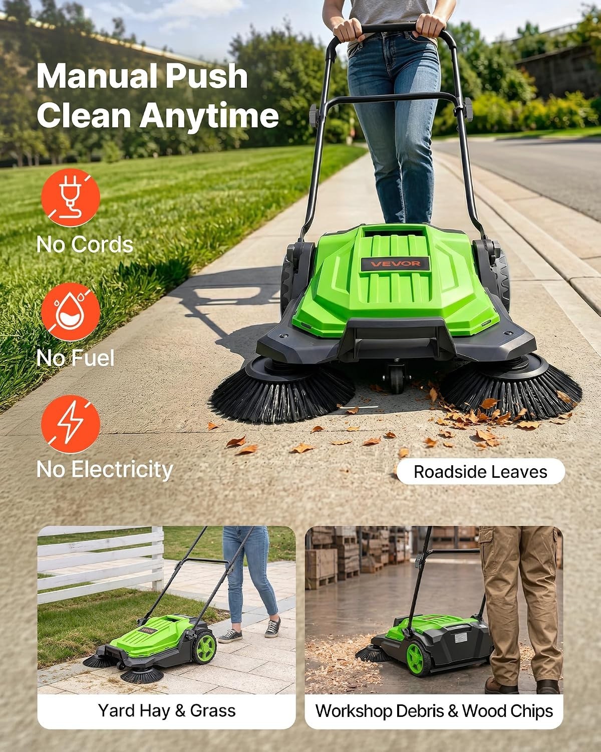 Pro Floor Sweeper, Manual Push, 25.6″ Wide, 5 Gal Bin, Ergonomic Folding Handle