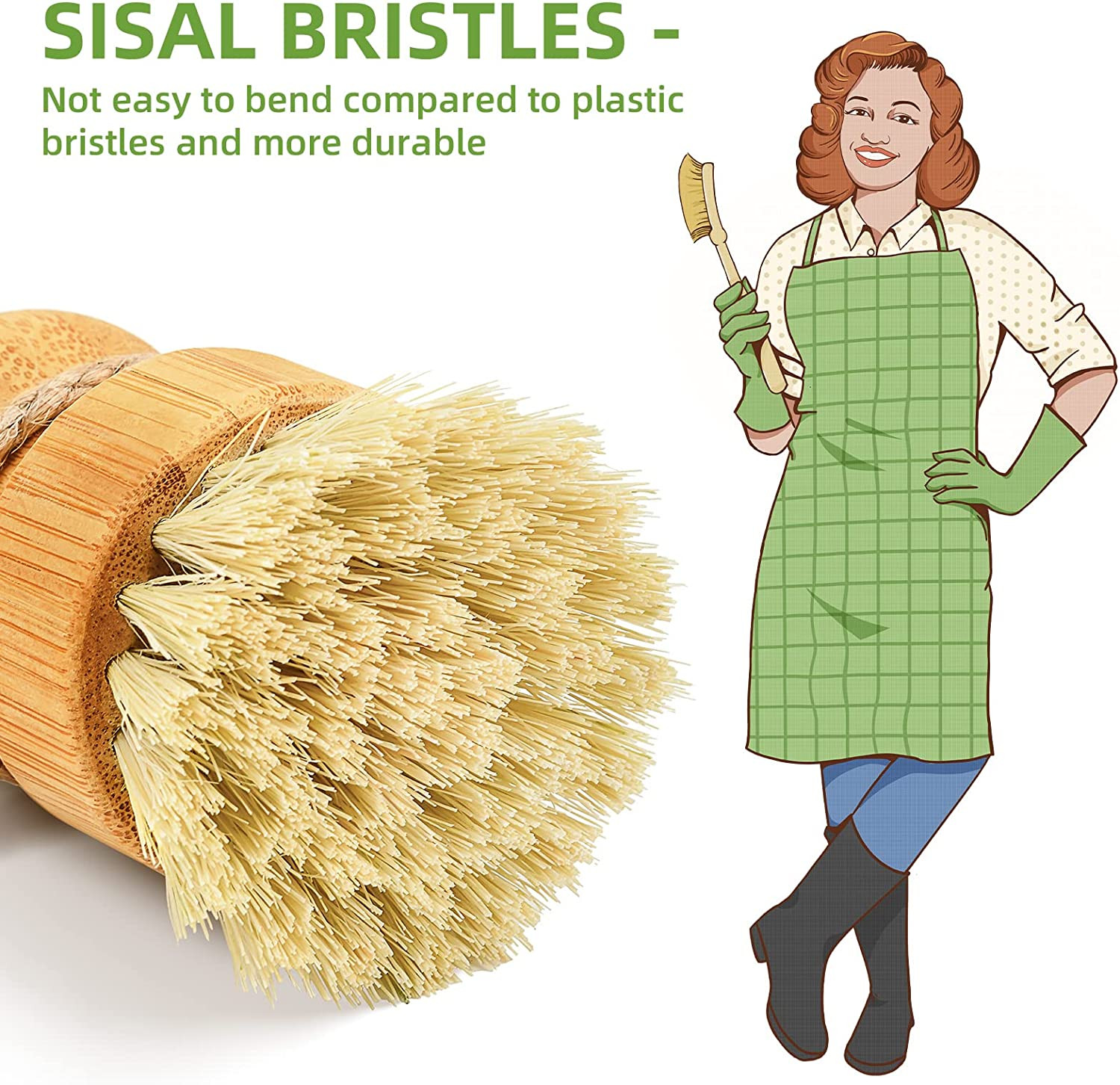 Bamboo Sisal Bristle Dish Scrub Brush Kitchen Cast Iron Pan Cleaner 1 Pack