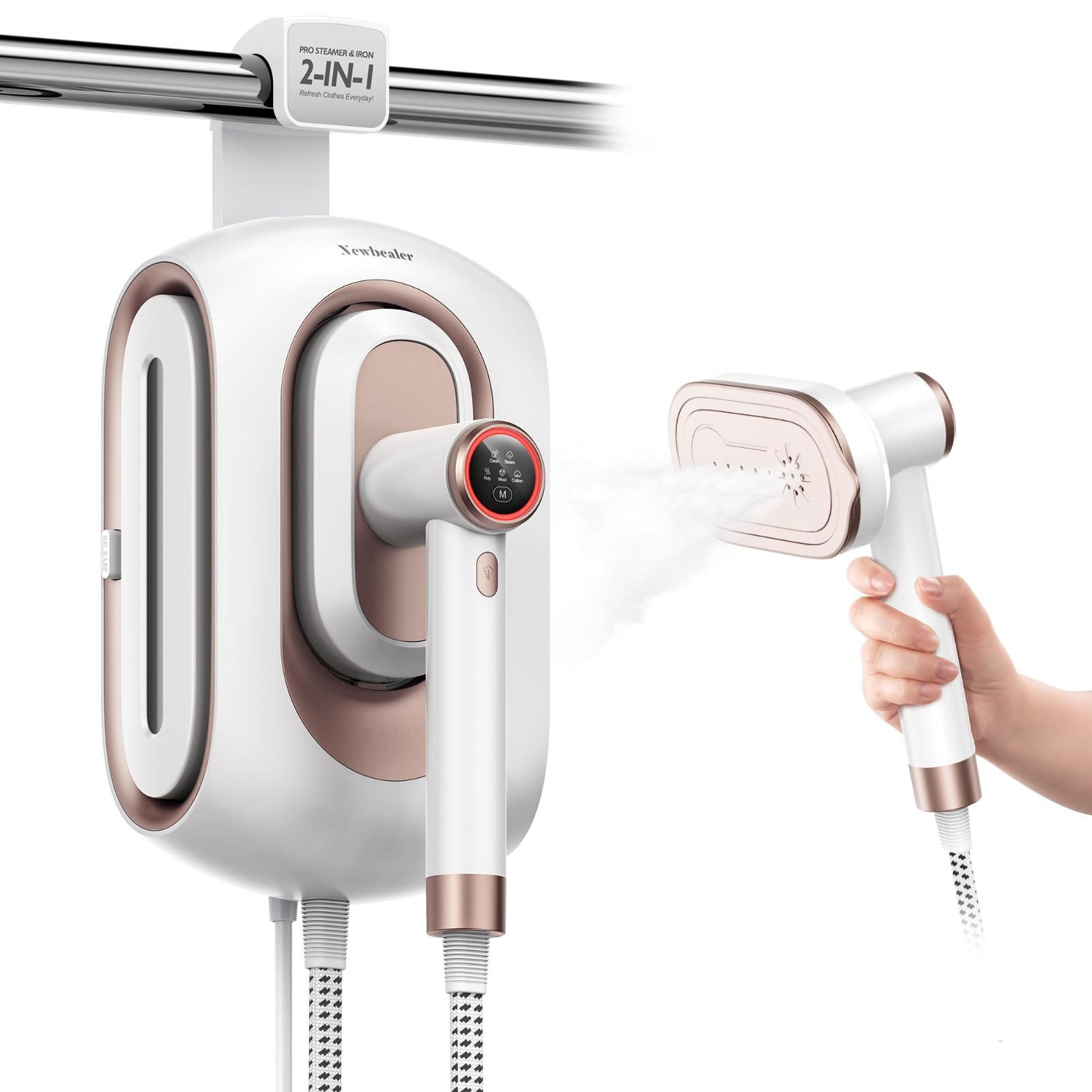 Newbealer – Steamer for Clothes, 1200W Portable Handheld Steam Iron, White-Gold