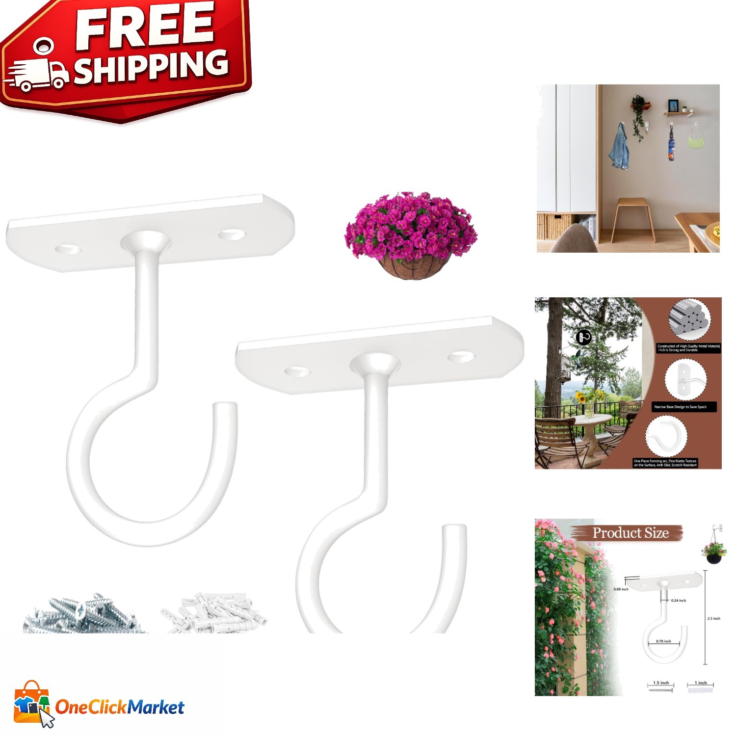 Versatile 2.5in White Plant Hanging Hooks – 50 lbs Capacity, Ideal for Decor