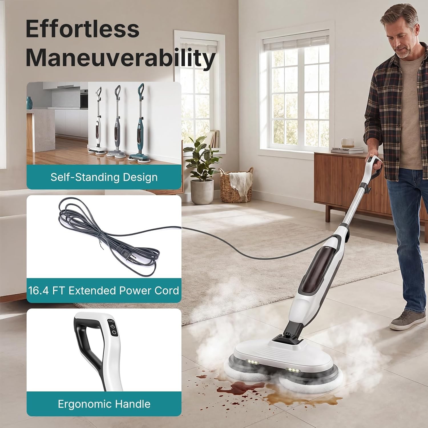 OLIXIS Electric Steam Mop Floor Cleaner w/Rotating Pad&2 LED Light&4 Clean Mode