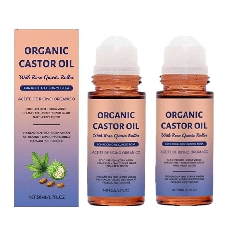 3x Organic Golden Castor Oil Roll-On with Rose Quartz for Skin,Hair&Wrinkle