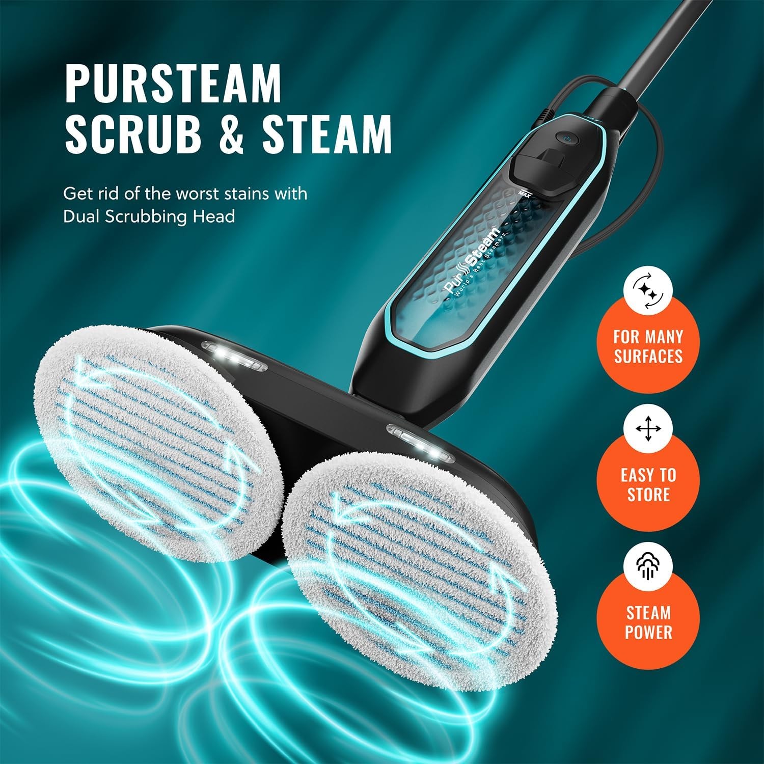 Pursteam ScrubMaster Steam Mop with Dual Scrubbing Head, LED Headlights