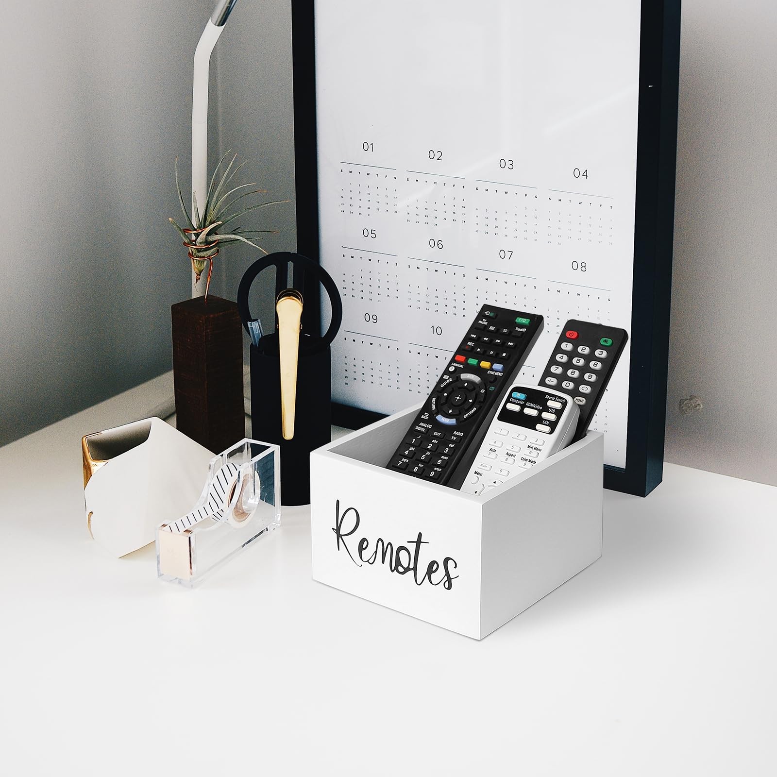 Size M Wooden TV Remote Control Holder Desktop Storage Box Organizer White