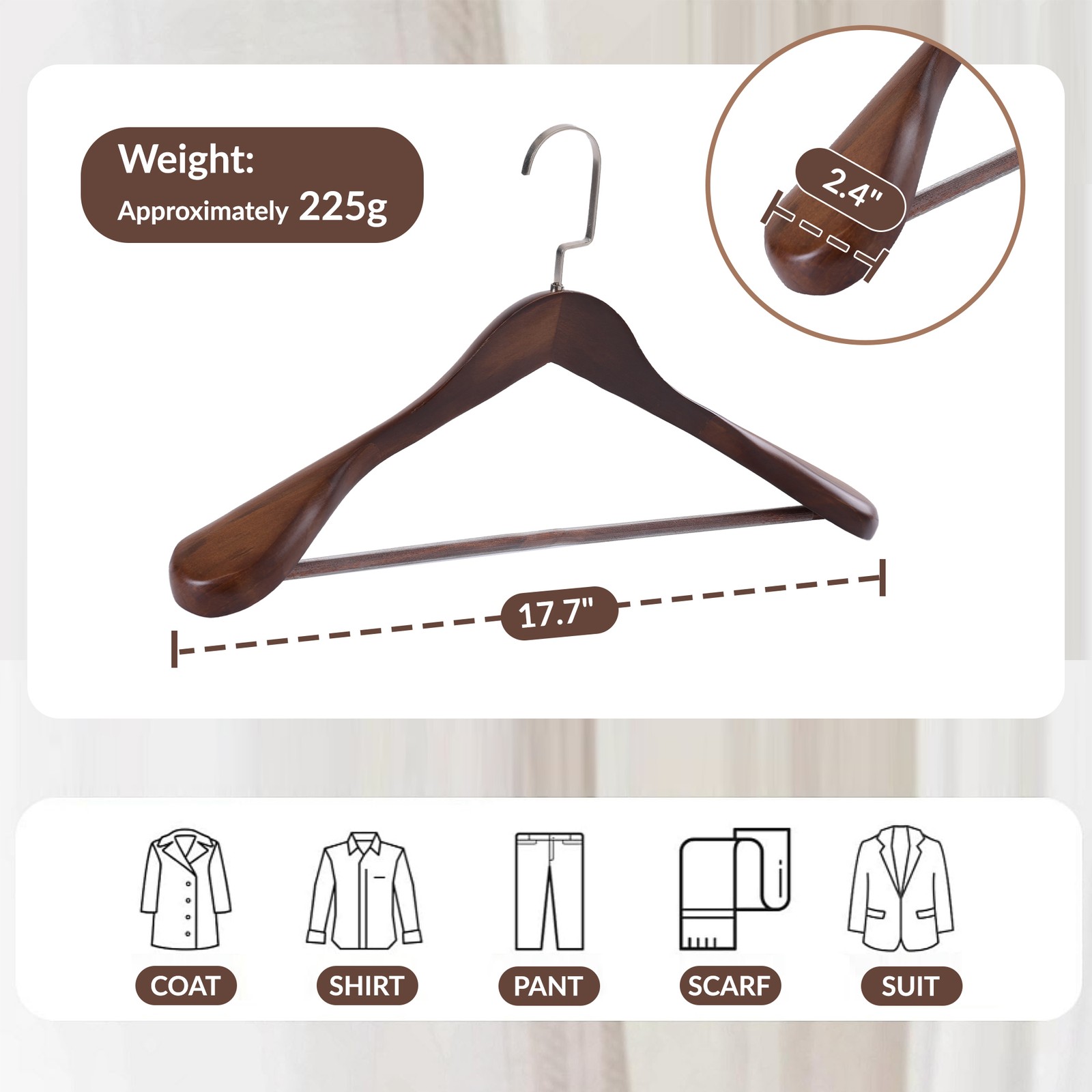 24-60x Solid Wood Outerwear Hangers 2.4″ Wide Shoulder Clothes Hanger Suit Pants