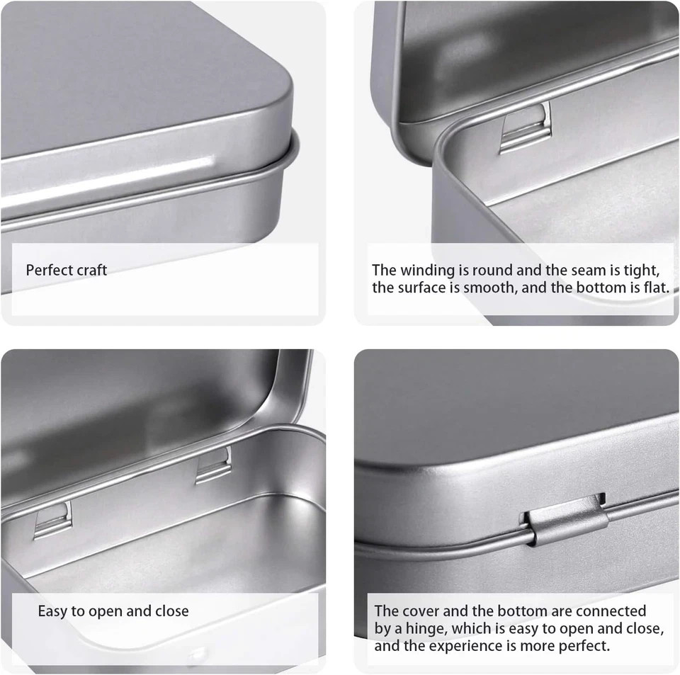 Metal Rectangular Empty Hinged Tins – Pack of 40 Silver Mini Portable Box Small
