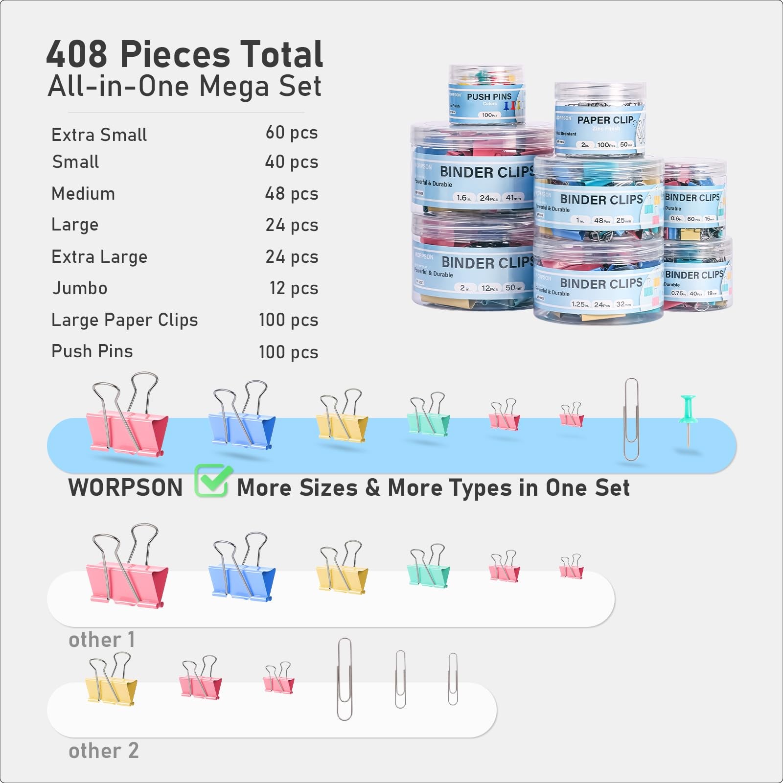WORPSON 408 PCS Binder Clips Paper Clamps Assorted Sizes 408 Pcs, Multicolor