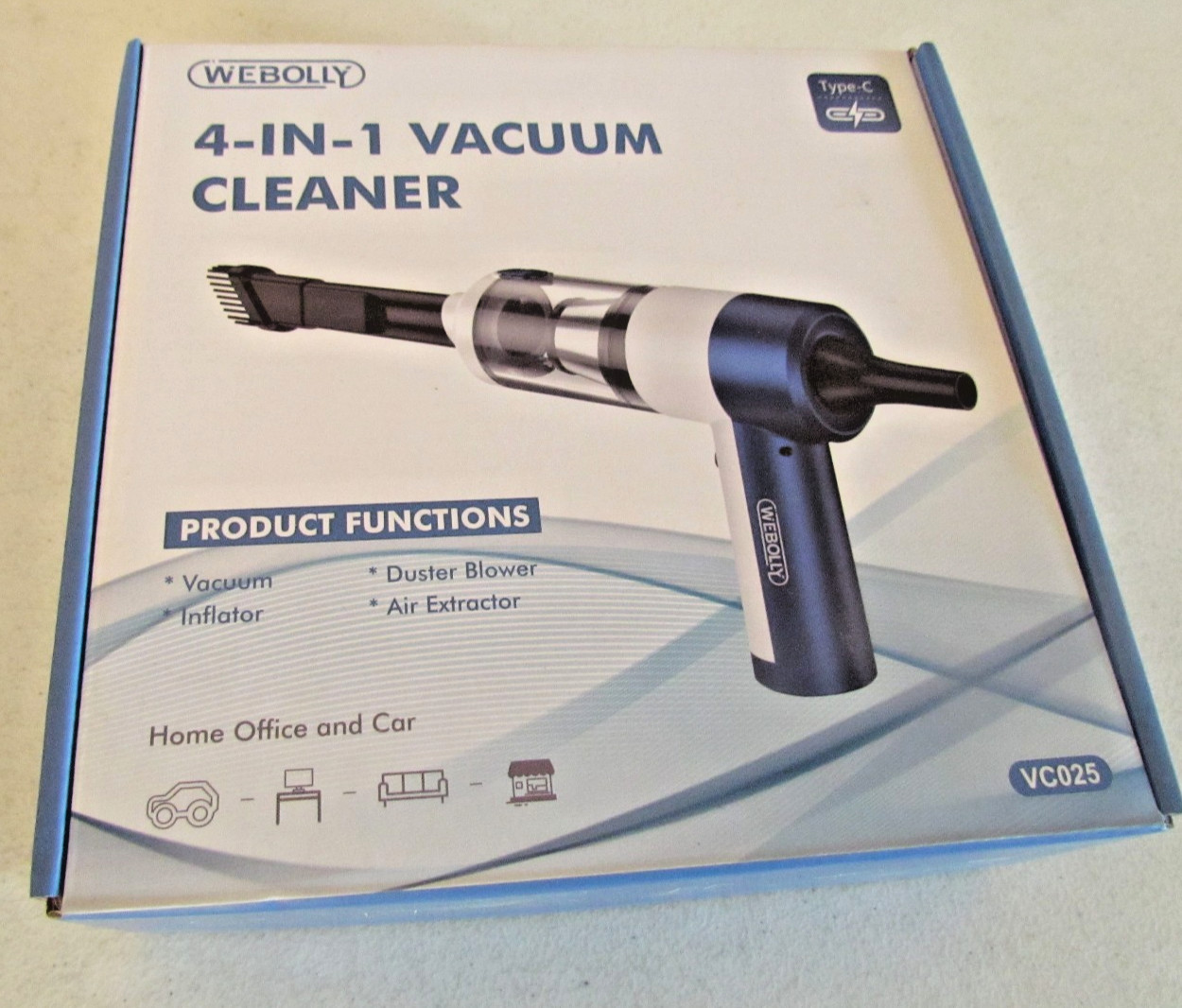 WEBOLLY VC025 4-in-1 Cordless Handheld Vacuum Duster Inflator USB-C Rechargeable