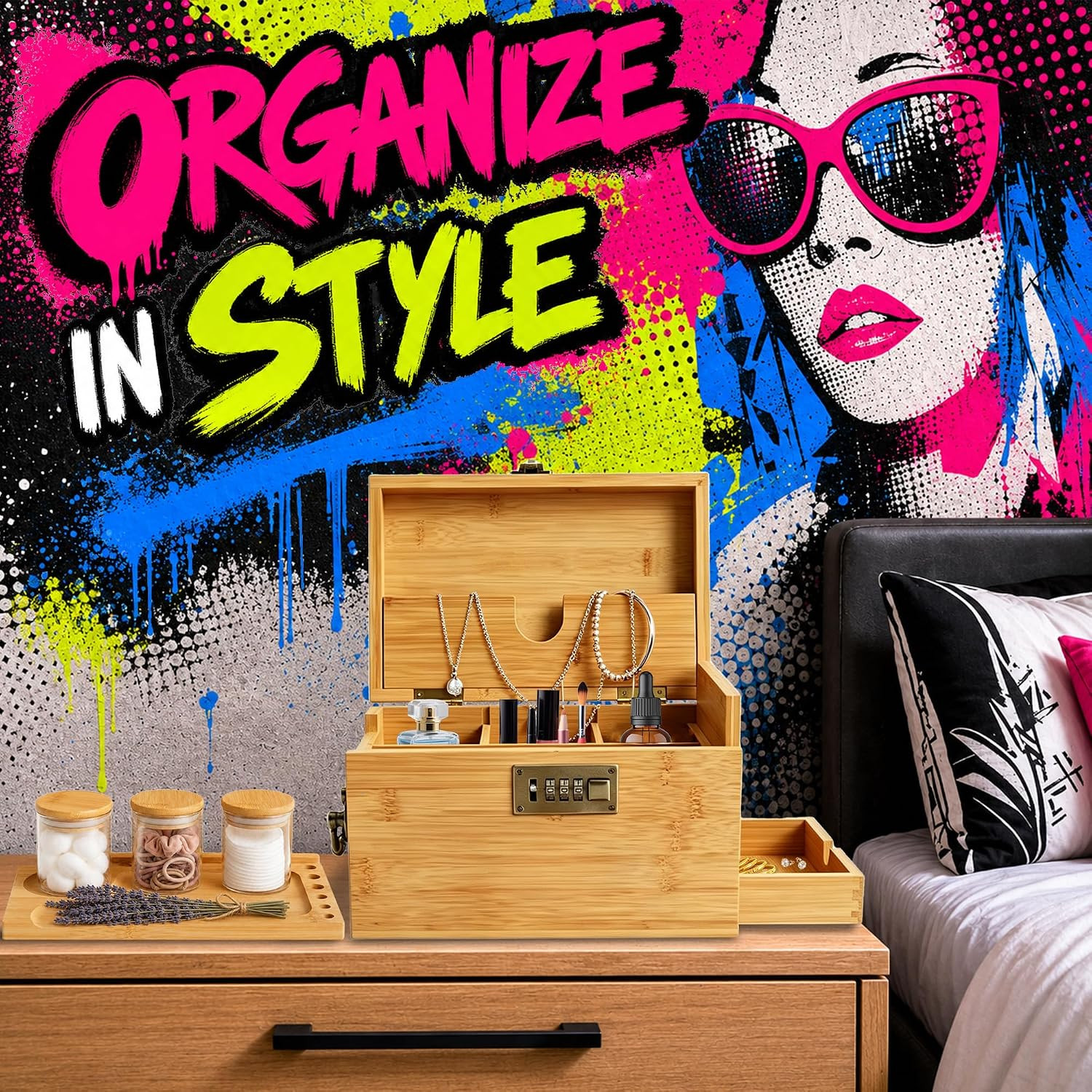 Large Bamboo Storage Box with Combination Lock & Hidden Drawer- Premium Smell