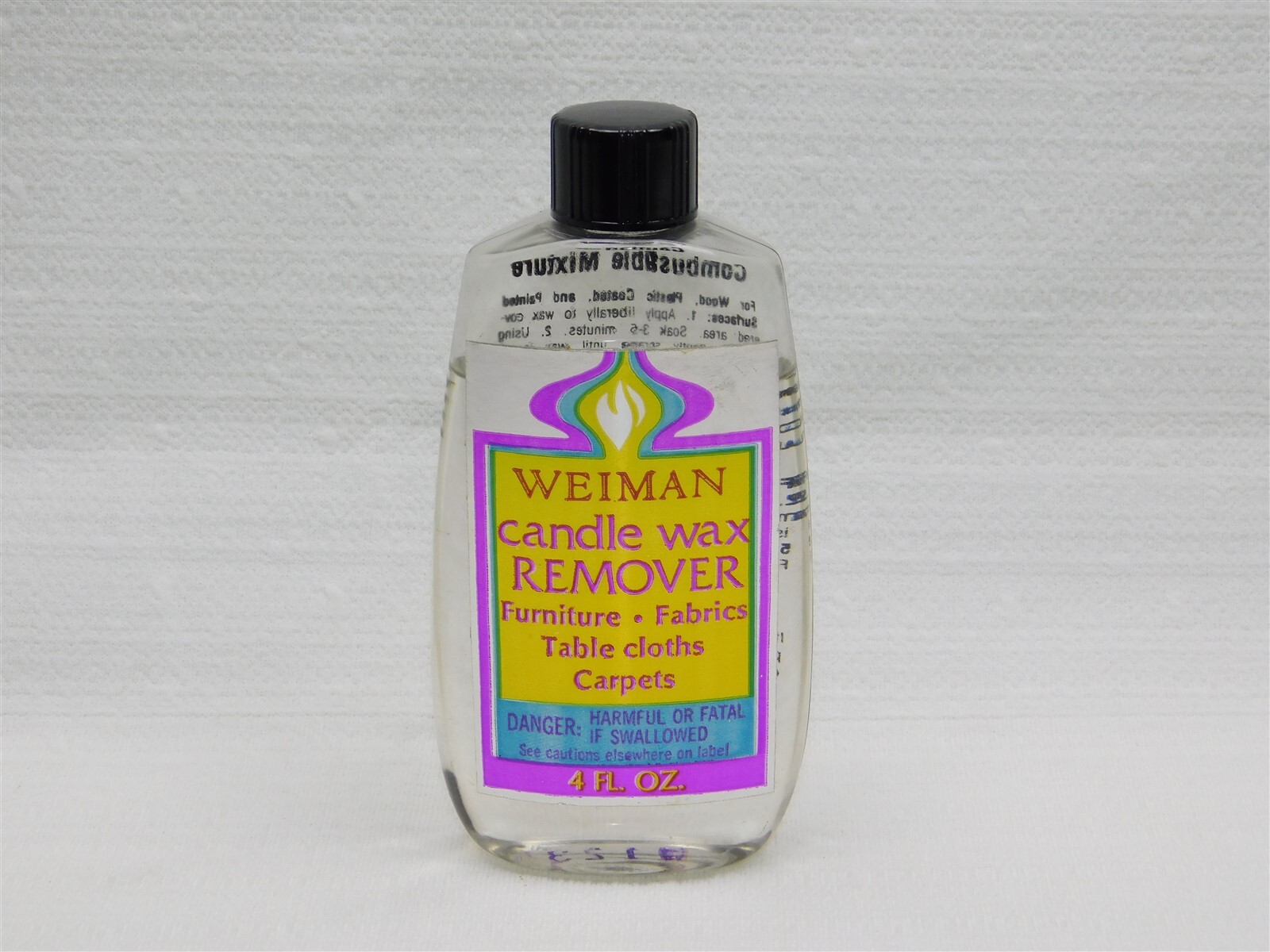 Weiman Candle Wax Remover Furniture Fabric Carpet 4 Fl. Oz. Black Cap Bottle Vtg