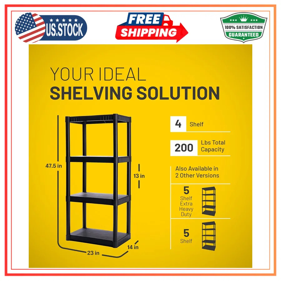 Plano 4-Tier Plastic Storage Shelving Unit 48in x 23in x 14in 200lb Capacity