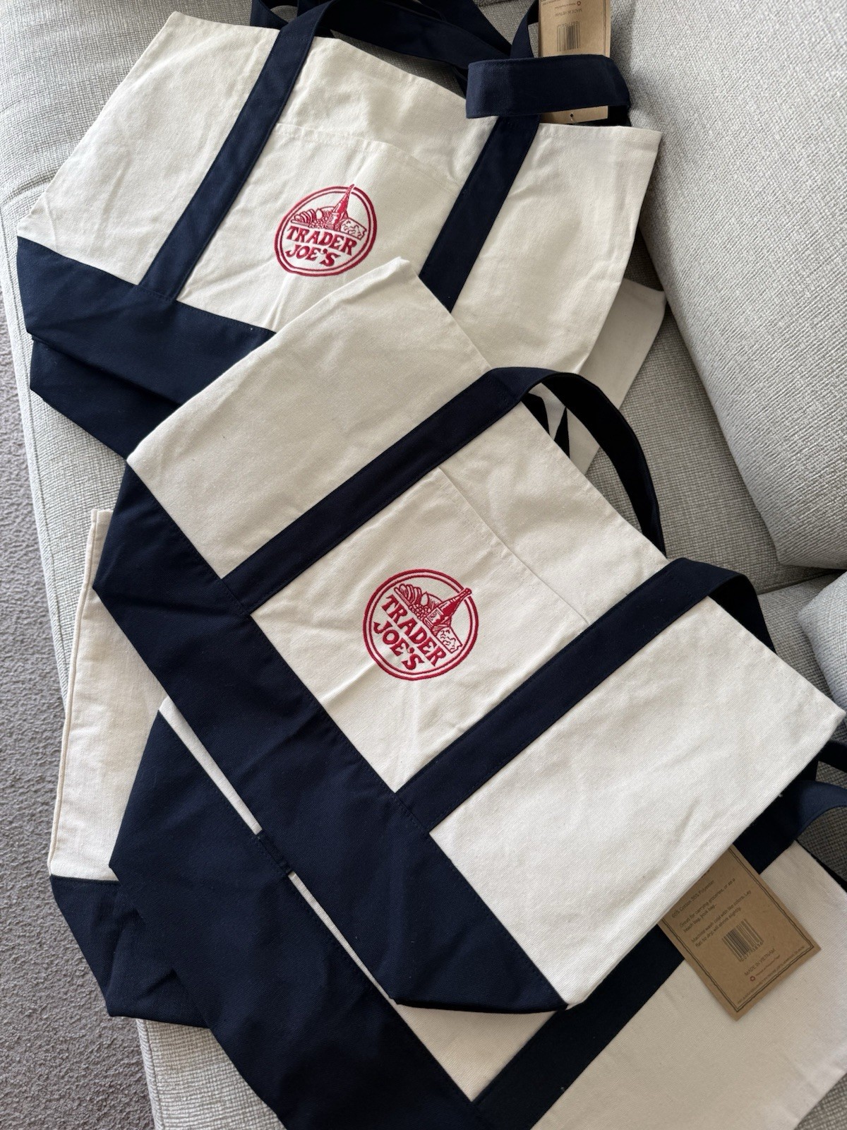 Trader Joe’s Reusable Tote Bag Foldable Cotton Polyester Beige Navy Blue
