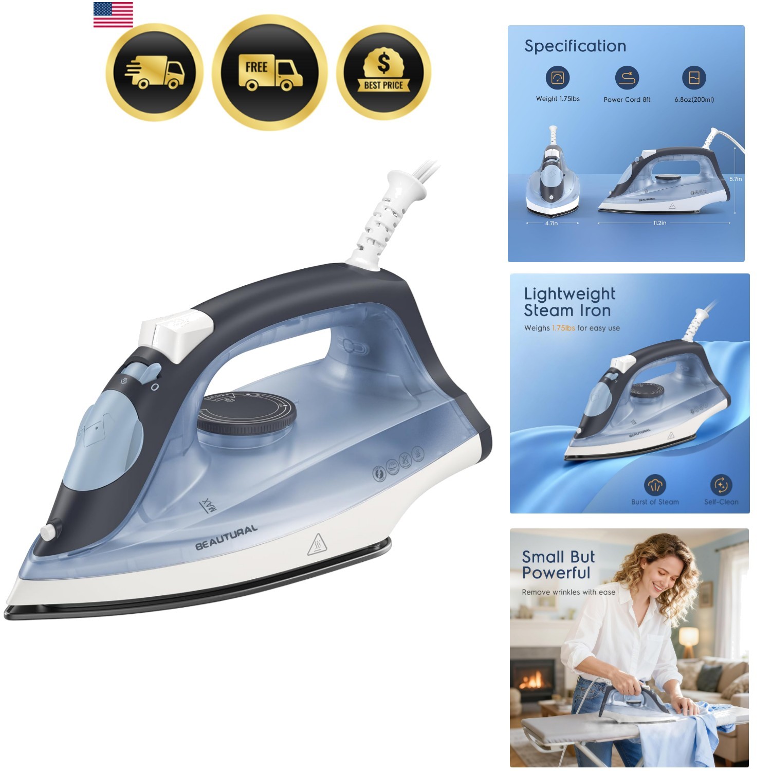 Steam Iron Clothes Non-Stick Soleplate Burst Steam Spray Mist Self-Cleaning