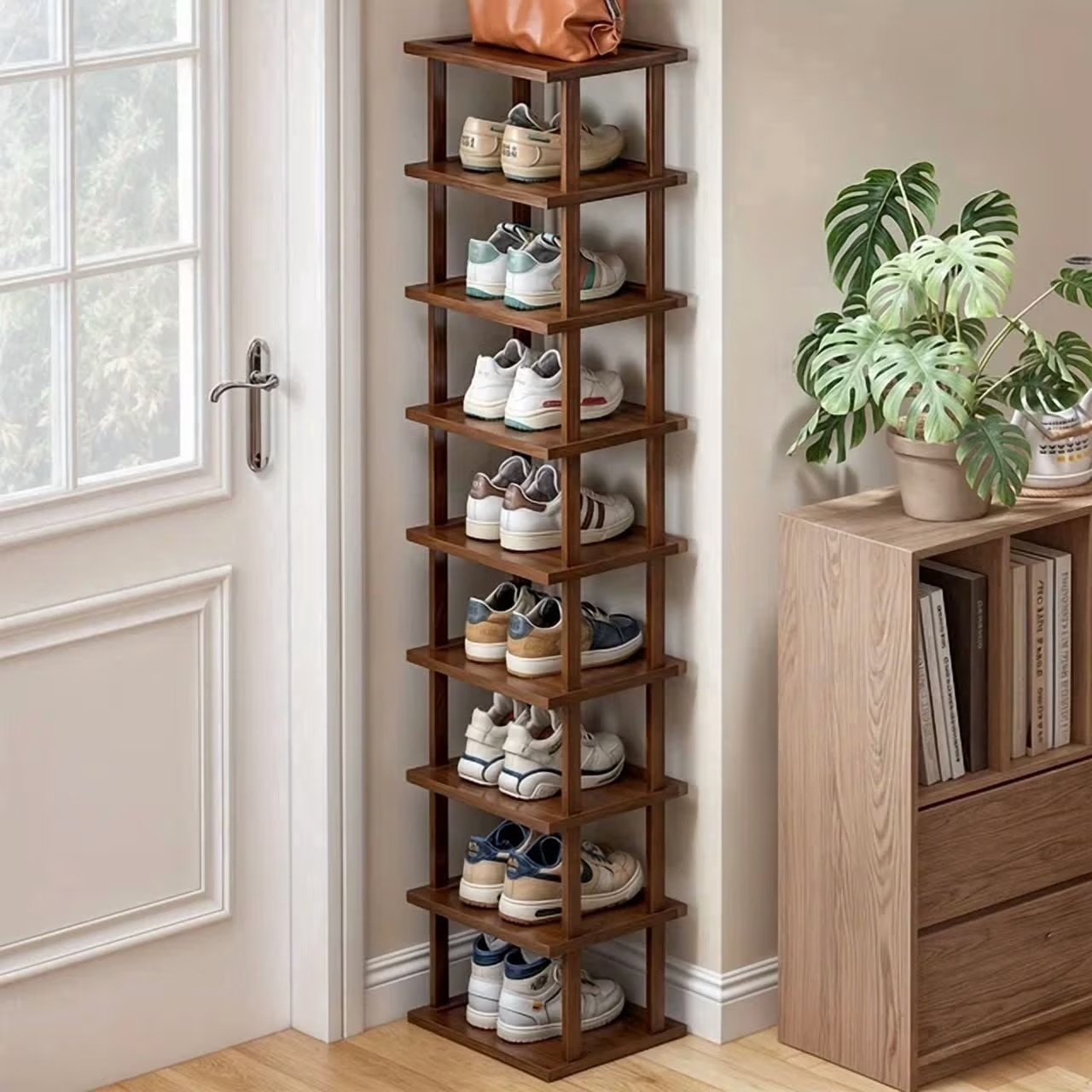 9-Tier Bamboo Vertical Shoe Rack Tall Narrow Space Saving Organizer Entryway
