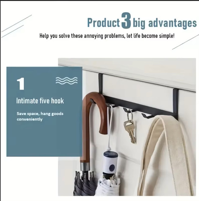 Heavy Duty Over Door Hook Rack 5 Hooks Adjustable Hanger for Coats Hats Towels