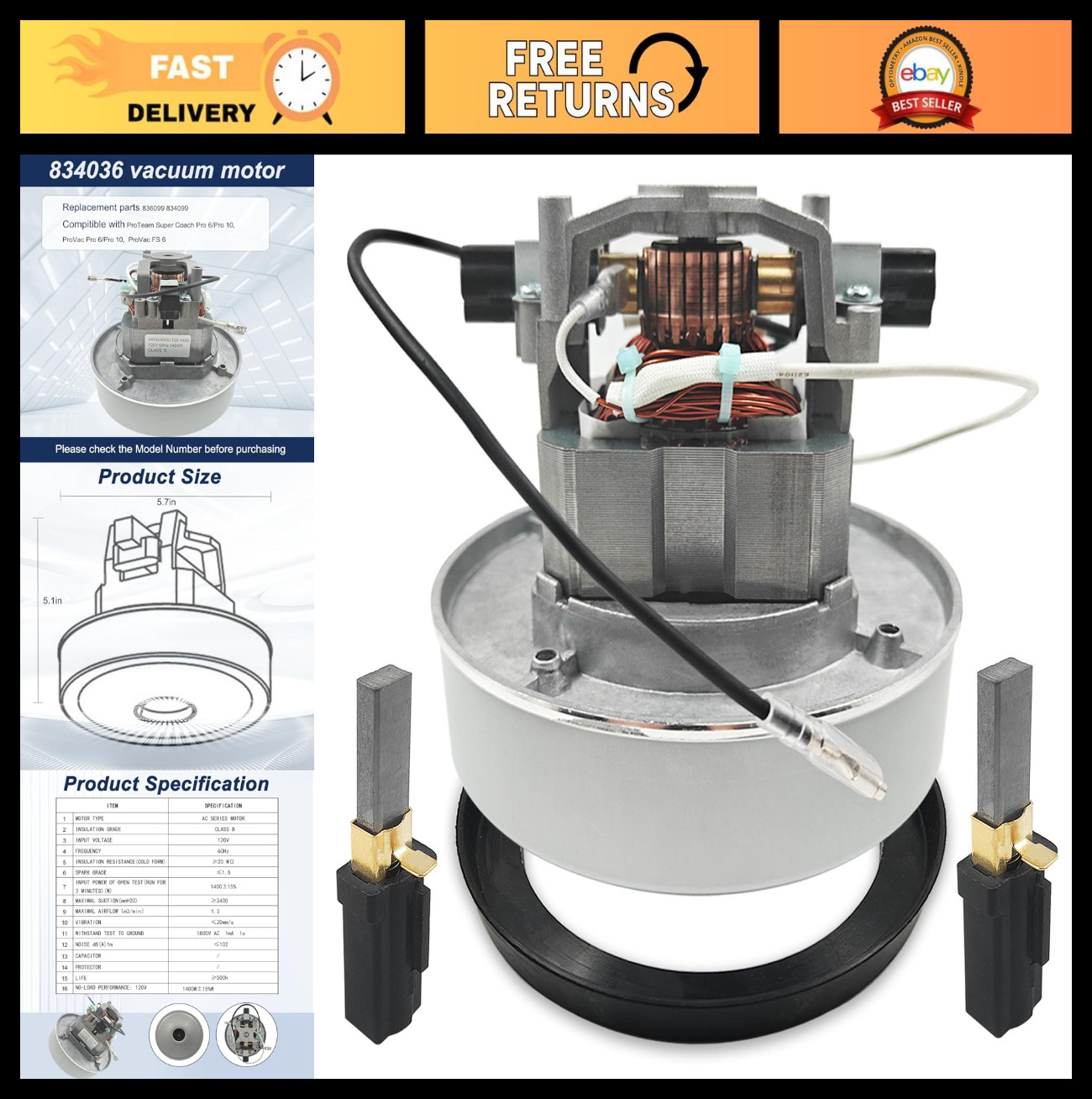 120V Vacuum Motor for Backpack Shop Vac – Replacement for ProTeam Super Coach &