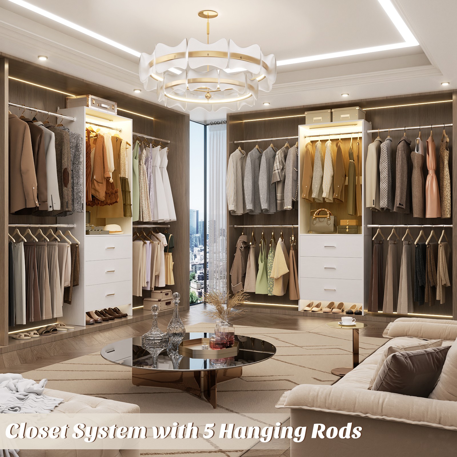 Heavy Duty Closet Organizer System with Motion Activated LED Lights and 3 Drawer