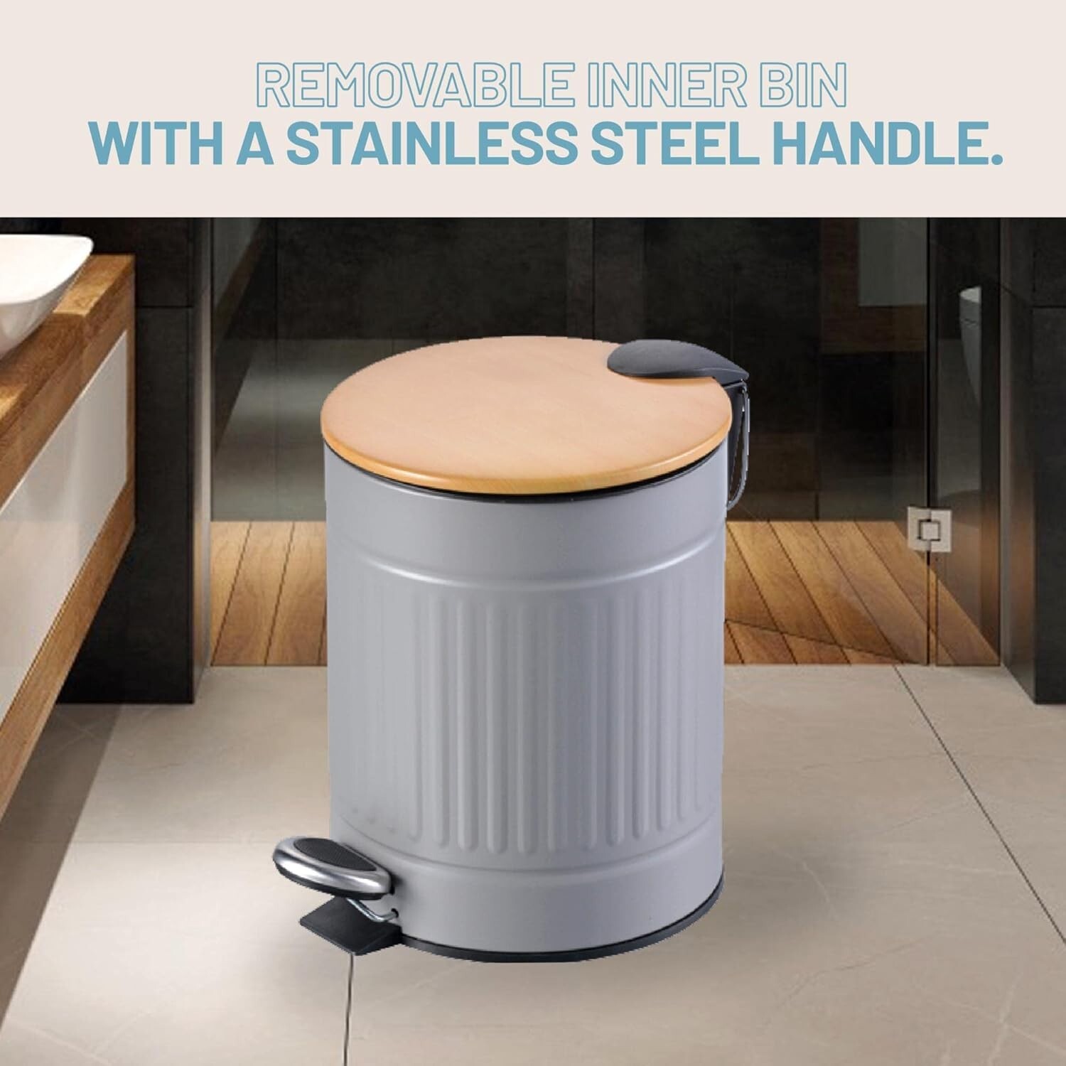 AWENN Kitchen Trash Can with Wooden Effect Lid (1.3 Gal / 5L) – Touchless, Stain