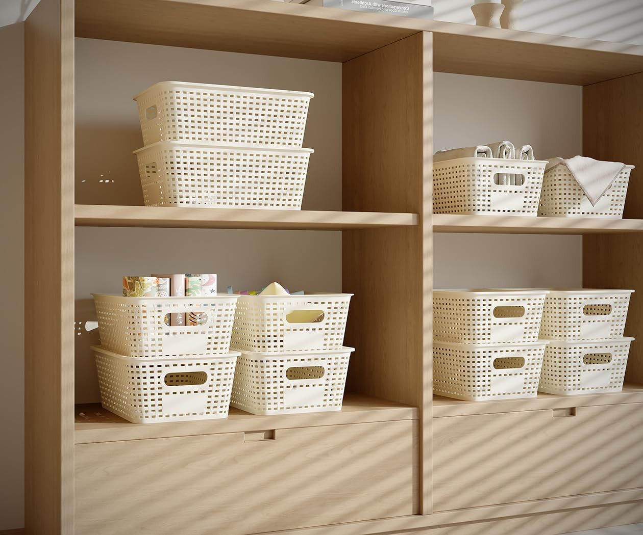 6 Pack Plastic Storage Baskets with Lids Stackable Organizer Bins White