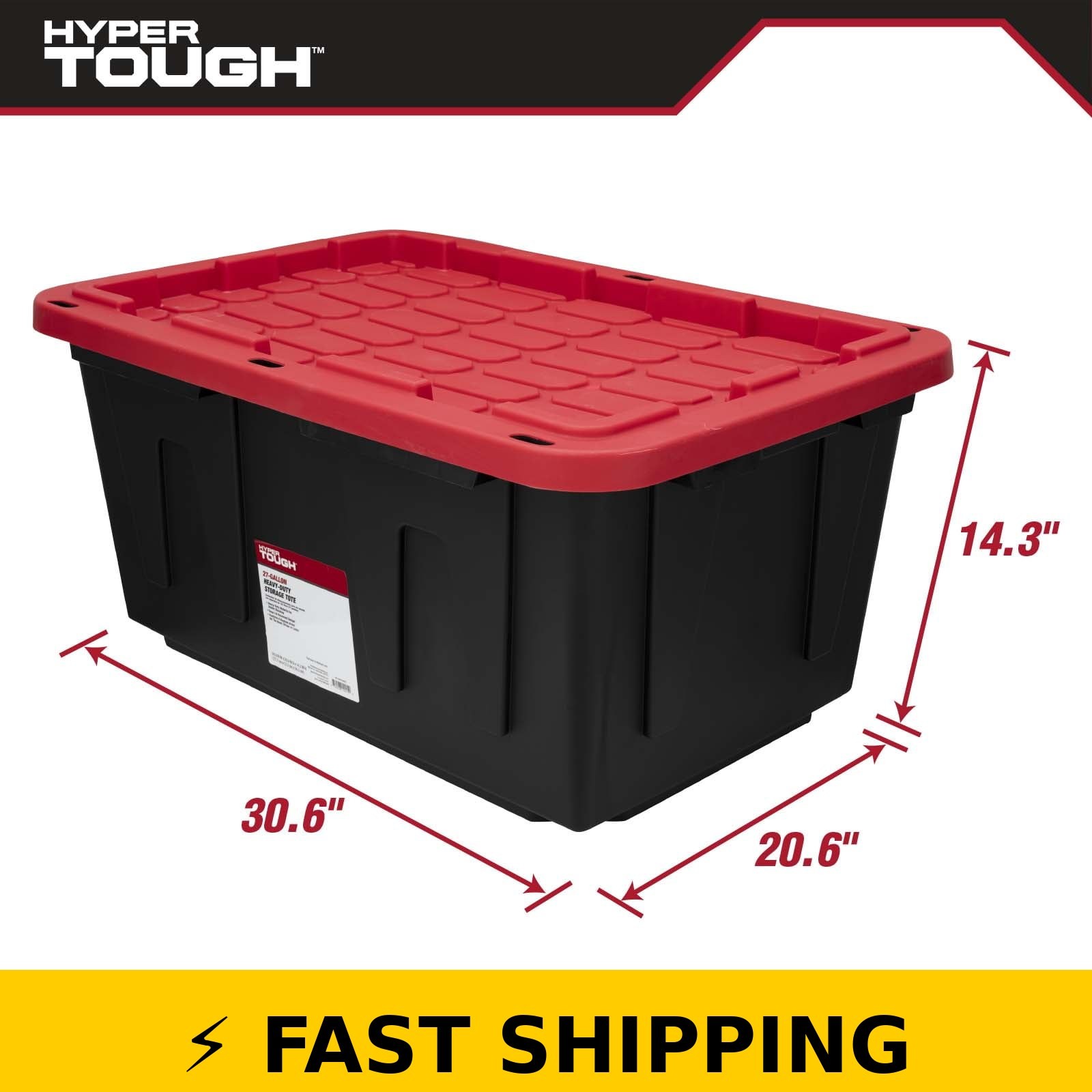 Hyper Tough 27 Gallon Storage Bin with Snap Lid, Black and Red
