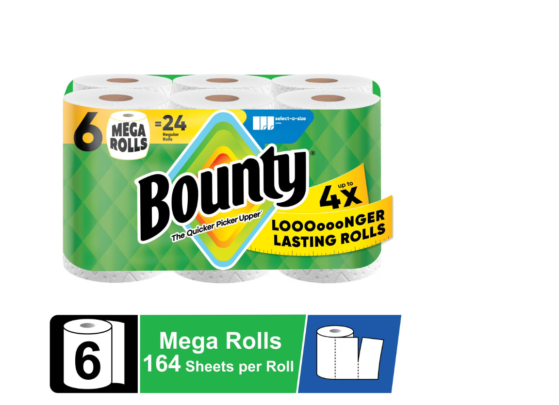 Bounty Paper Towels Select-A-Size White, 6 Mega Rolls, 164 Sheets per Roll