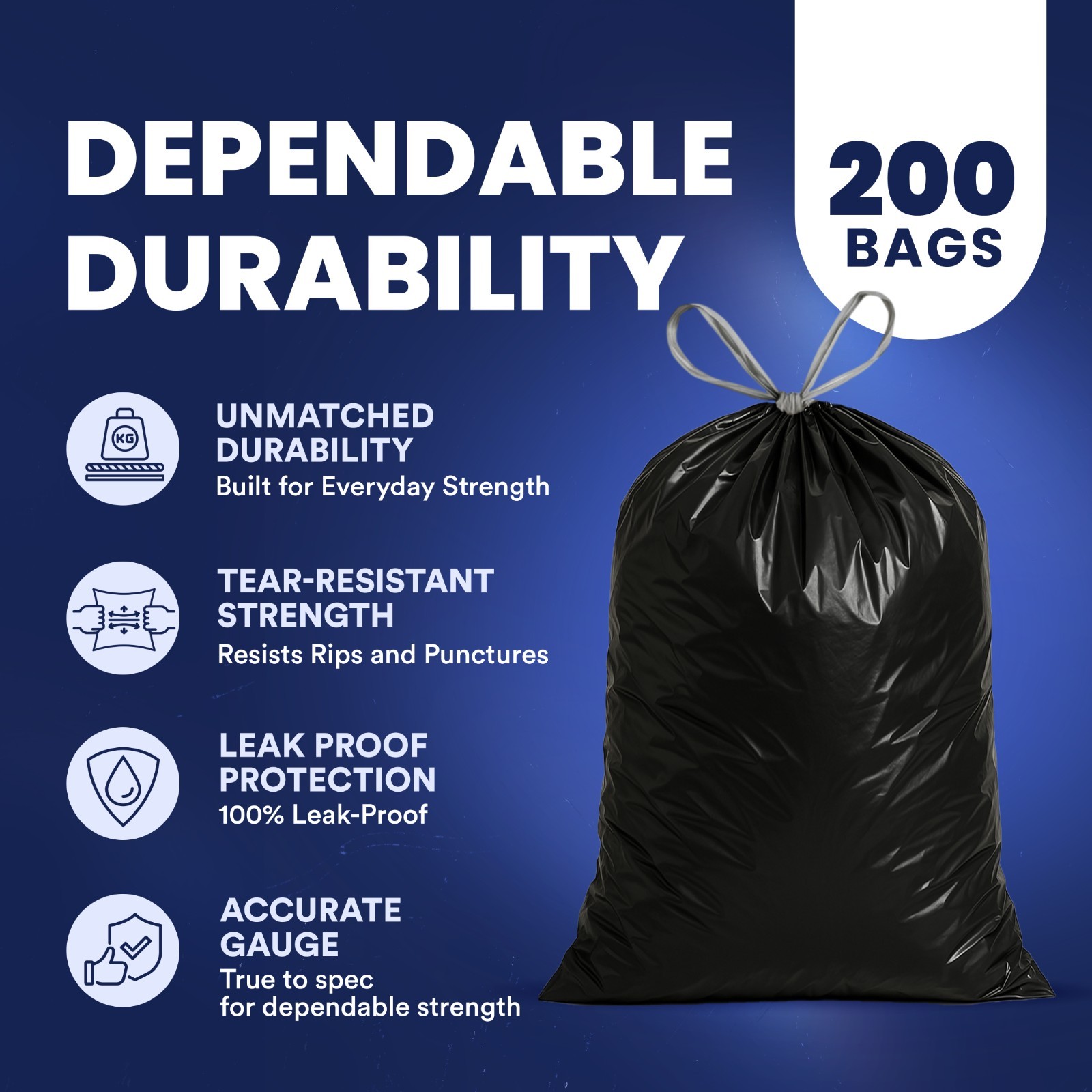 Plasticplace 13 Gallon Drawstring Trash Bags – Black, Case of 200 Garbage Bags