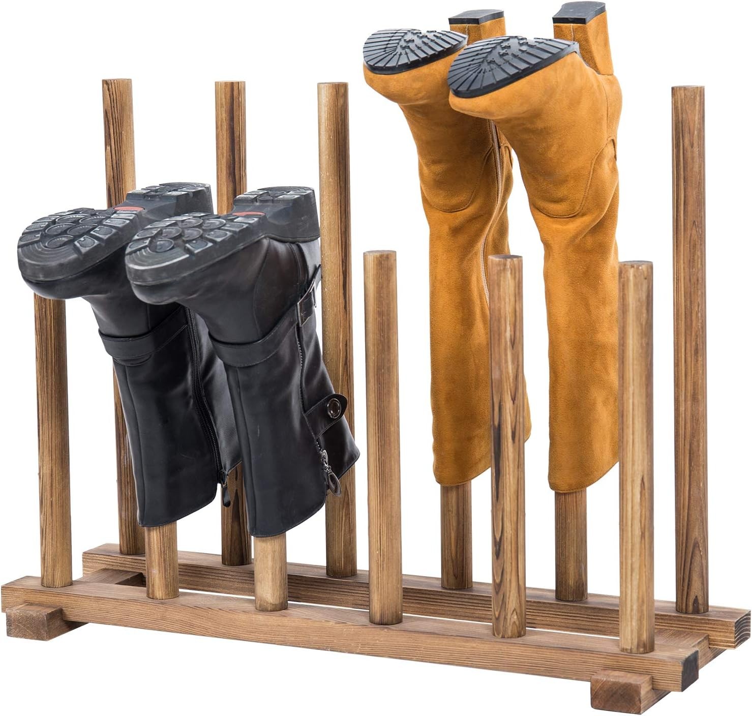 MyGift Rustic Burnt Brown Solid Wood Floor Standing Boot Holder Rack