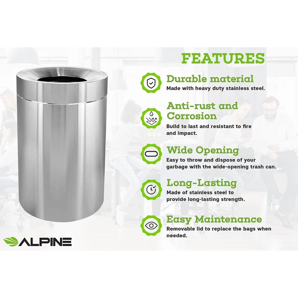 Alpine Industries 50-Gallon Stainless Steel Indoor Trash Can w/ Funnel Open Top.