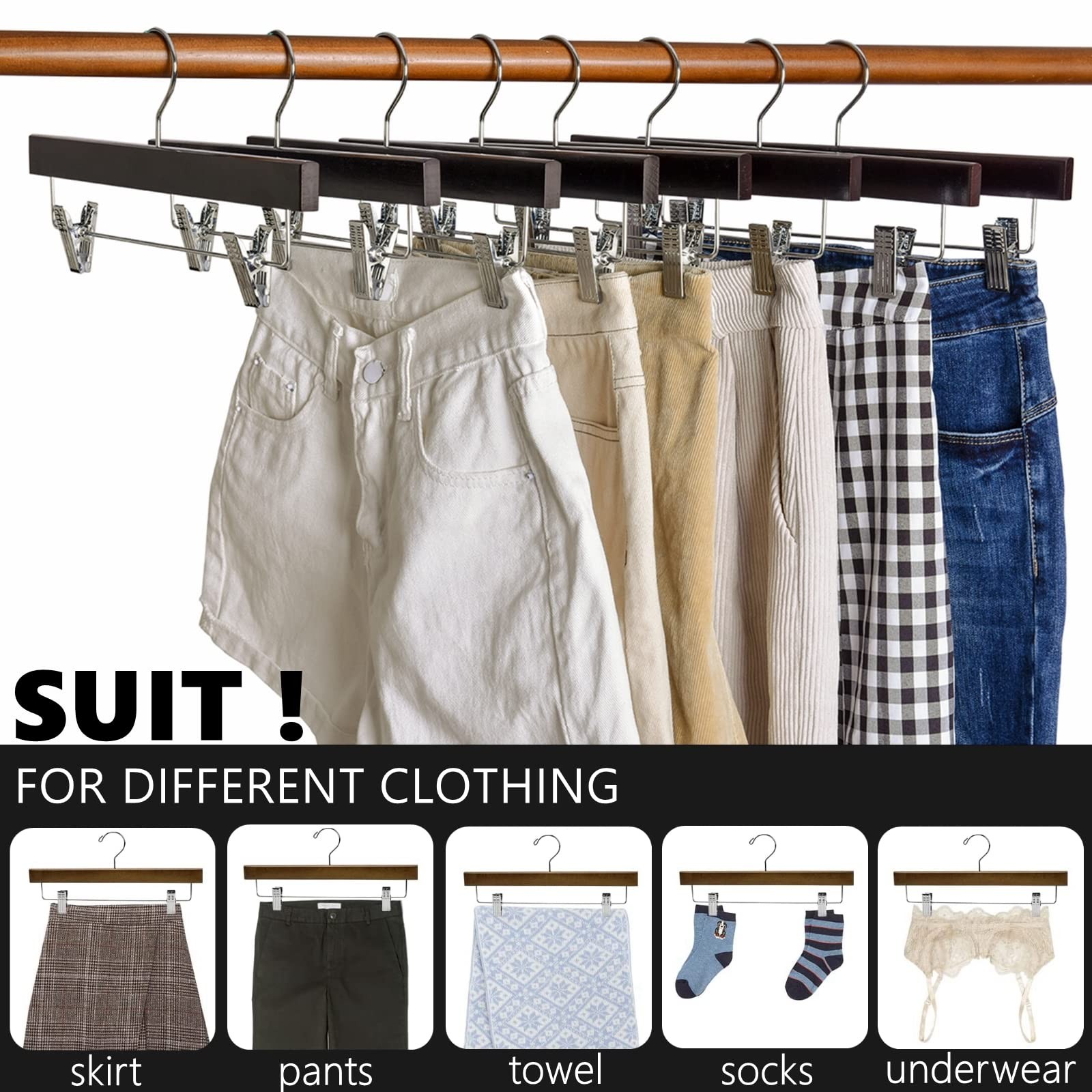 Retro Wooden Pants Hangers With 2adjustable Clips Walnut Wood Skirt Trouser Ha