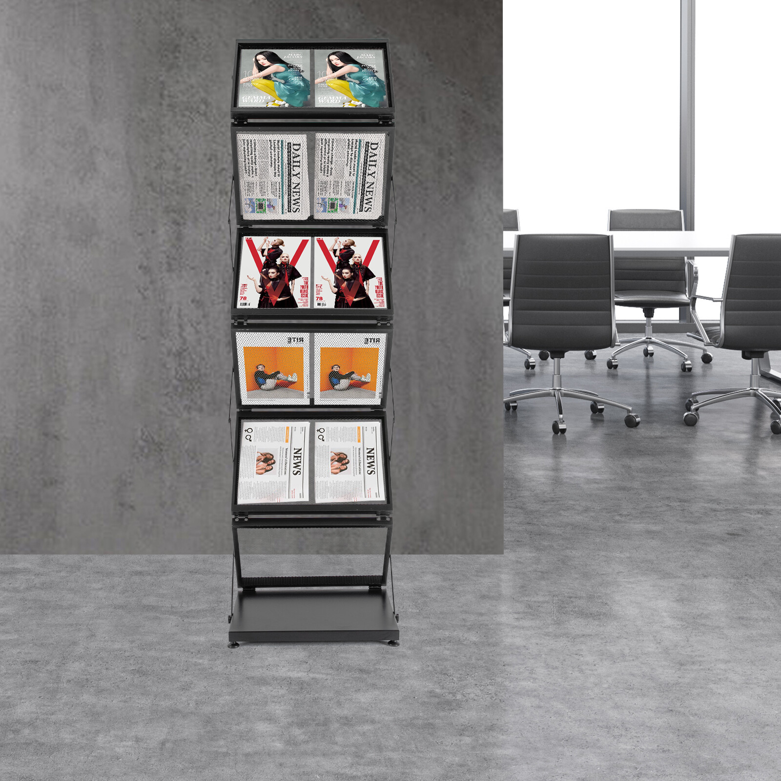 6 Pockets Magazine Rack Foldable Magazine Display Tiered Stand Double A4 Width