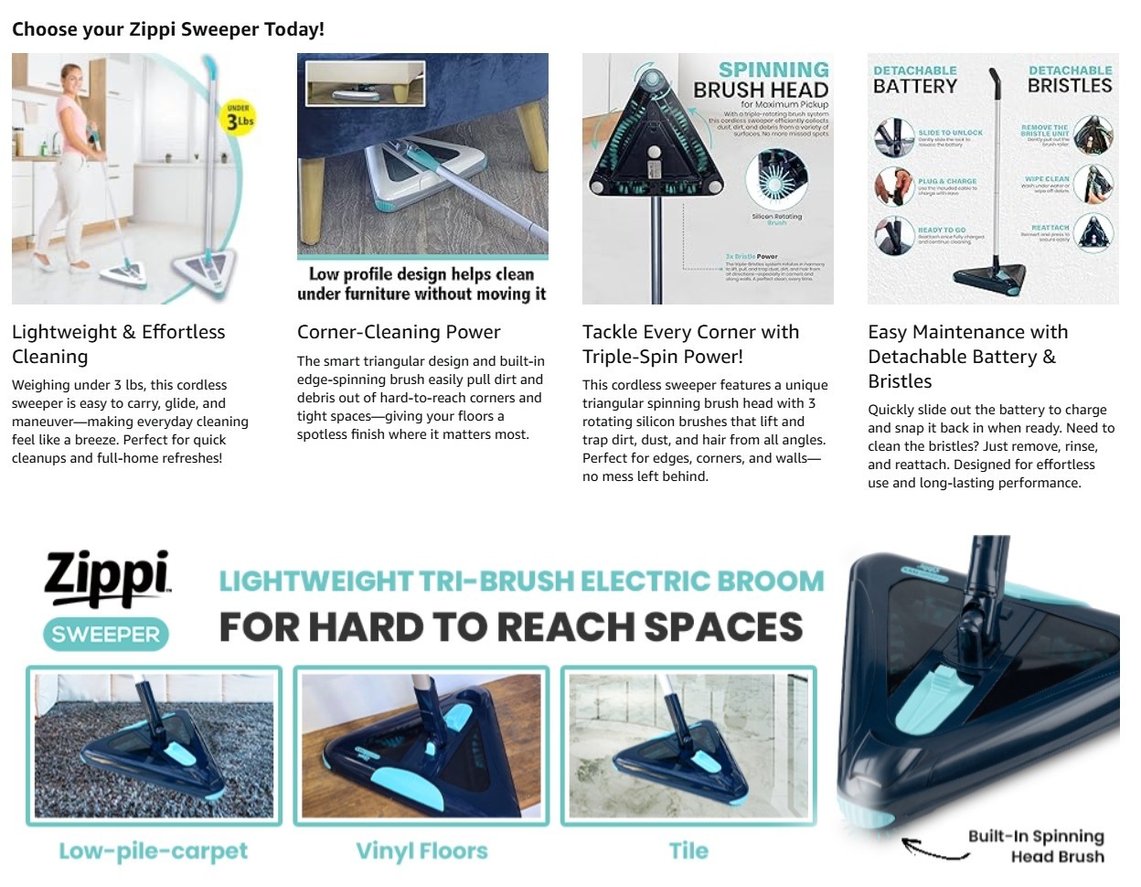 Zippi Sweeper Max- Powerful and Lightweight Sweeper, Perfect for Carpet Hardwood