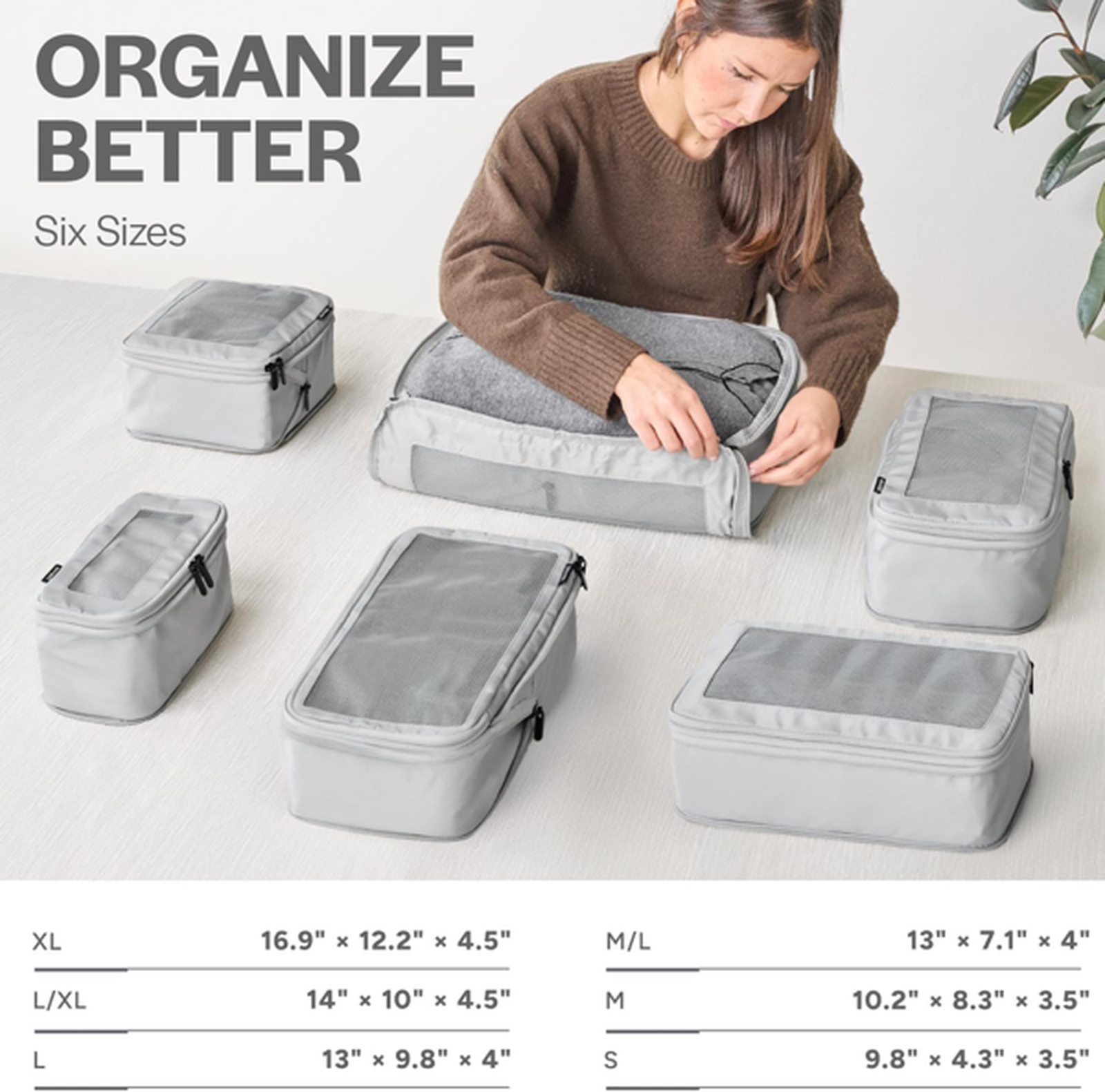 Compression Packing Cubes for Travel, 6-Pack, Light Grey | Solves overpacking