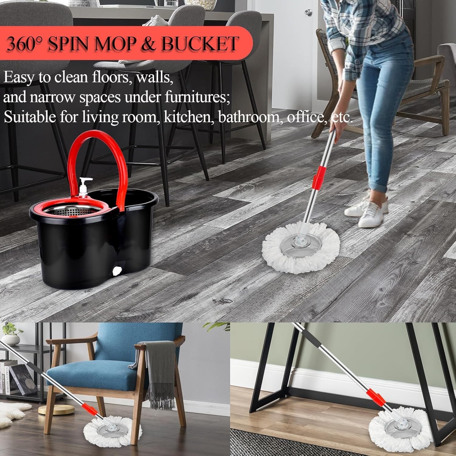 Spin Mop and Bucket with Wringer Set, 360° Spinning Mop Bucket System with 3 Mic