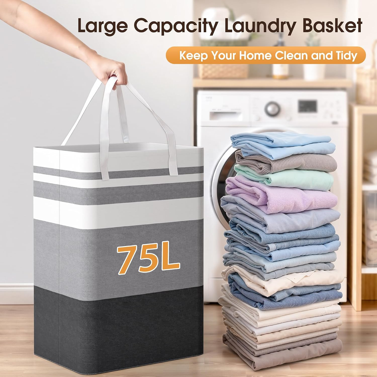 2 Pack Large Laundry Baskets, Laundry Hampers Bags (Grey 75Lx2) | Waterproof, Fr
