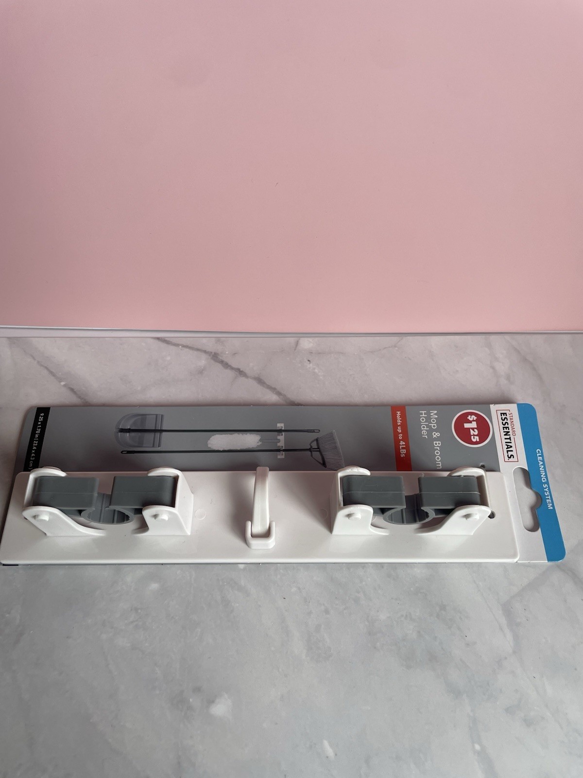 Standard Essentials Cleaning System Mop & Broom Holder Wall Mount 4 Hooks 4 lb